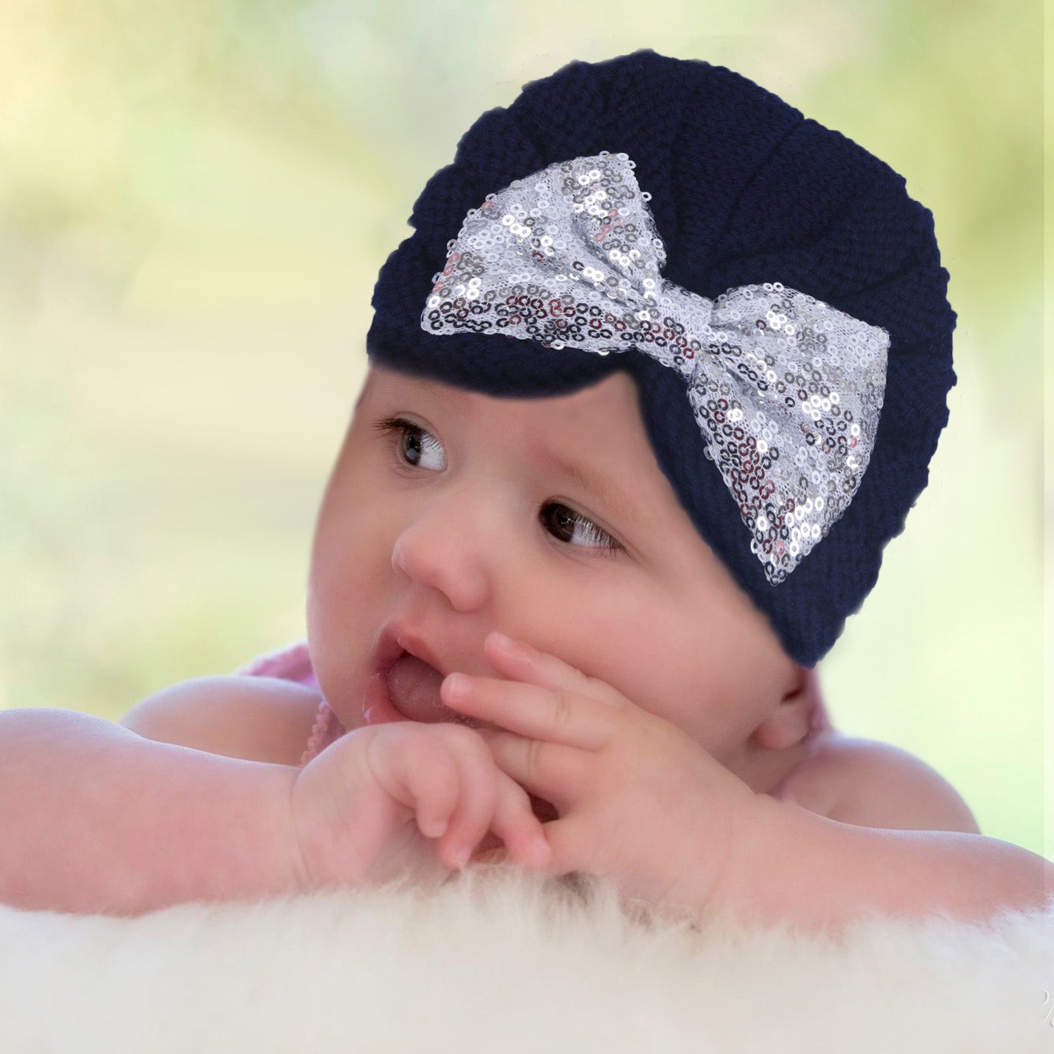 Baby Moo Partywear Bow Knitted Turban Woolen Cap - Navy Blue - Baby Moo