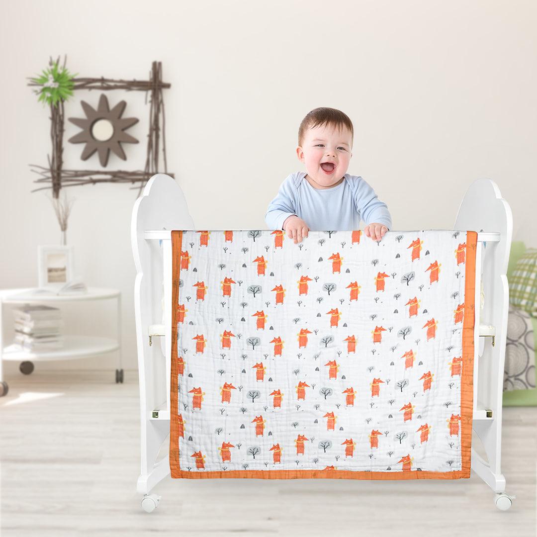 Animal Print White and Orange Medium Muslin Blanket - Baby Moo