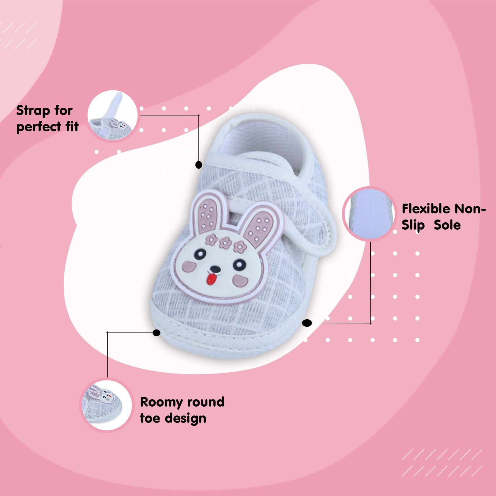Baby Moo Naughty Bunny Velcro Strap Non-slip Kids Booties - Grey - Baby Moo