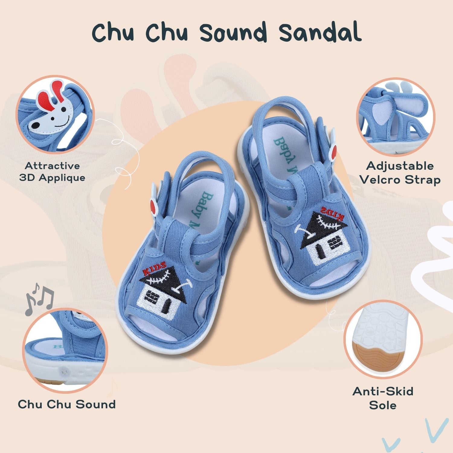 Baby Moo My Pet's House Chu-Chu Sound Breathable Anti-Skid Sandals - Blue - Baby Moo