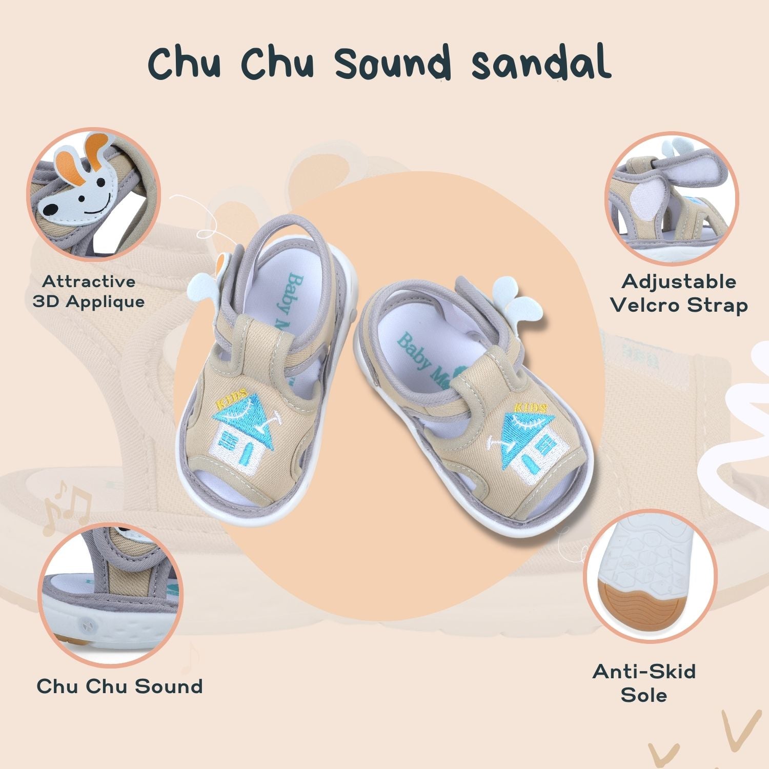 Baby Moo My Pet's House Chu-Chu Sound Breathable Anti-Skid Sandals - Beige - Baby Moo