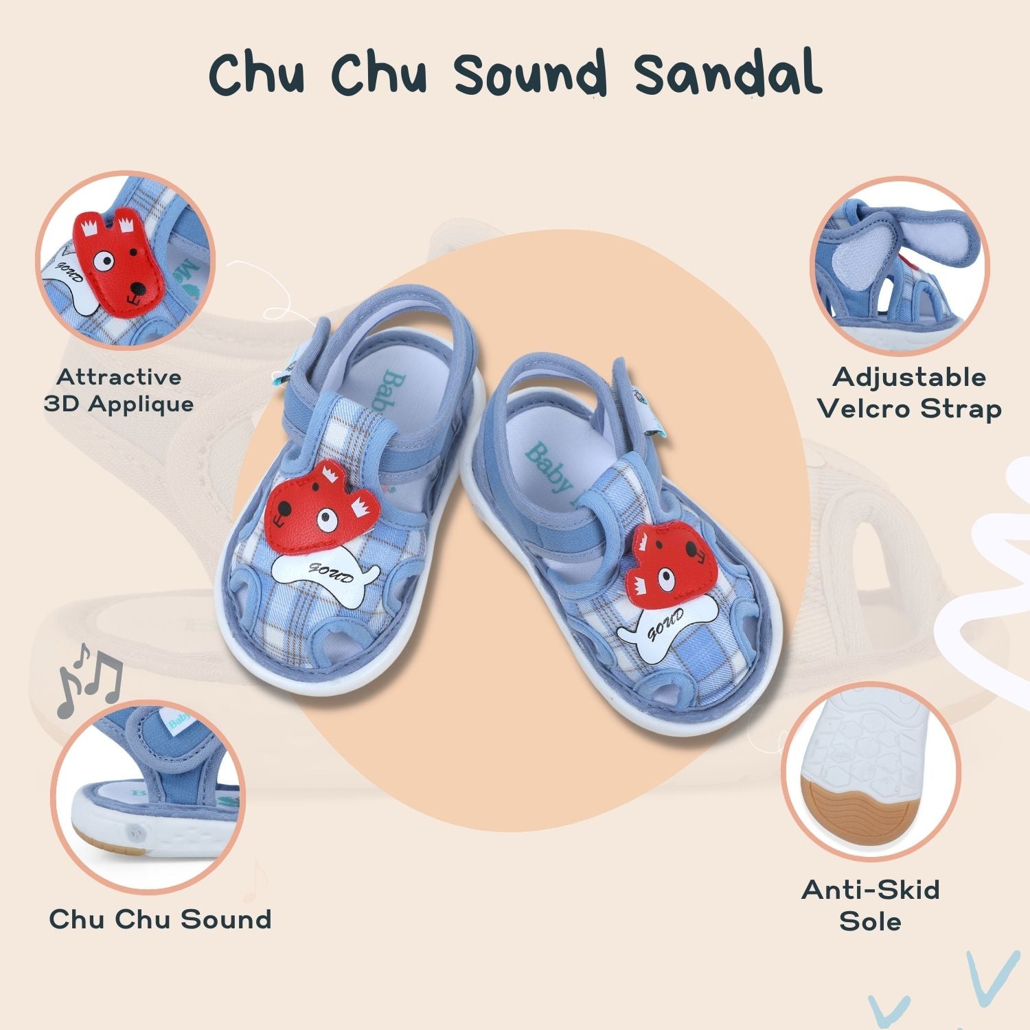 Baby Moo Cute Puppy Checked Chu-Chu Sound Breathable Anti-Skid Sandals - Blue - Baby Moo