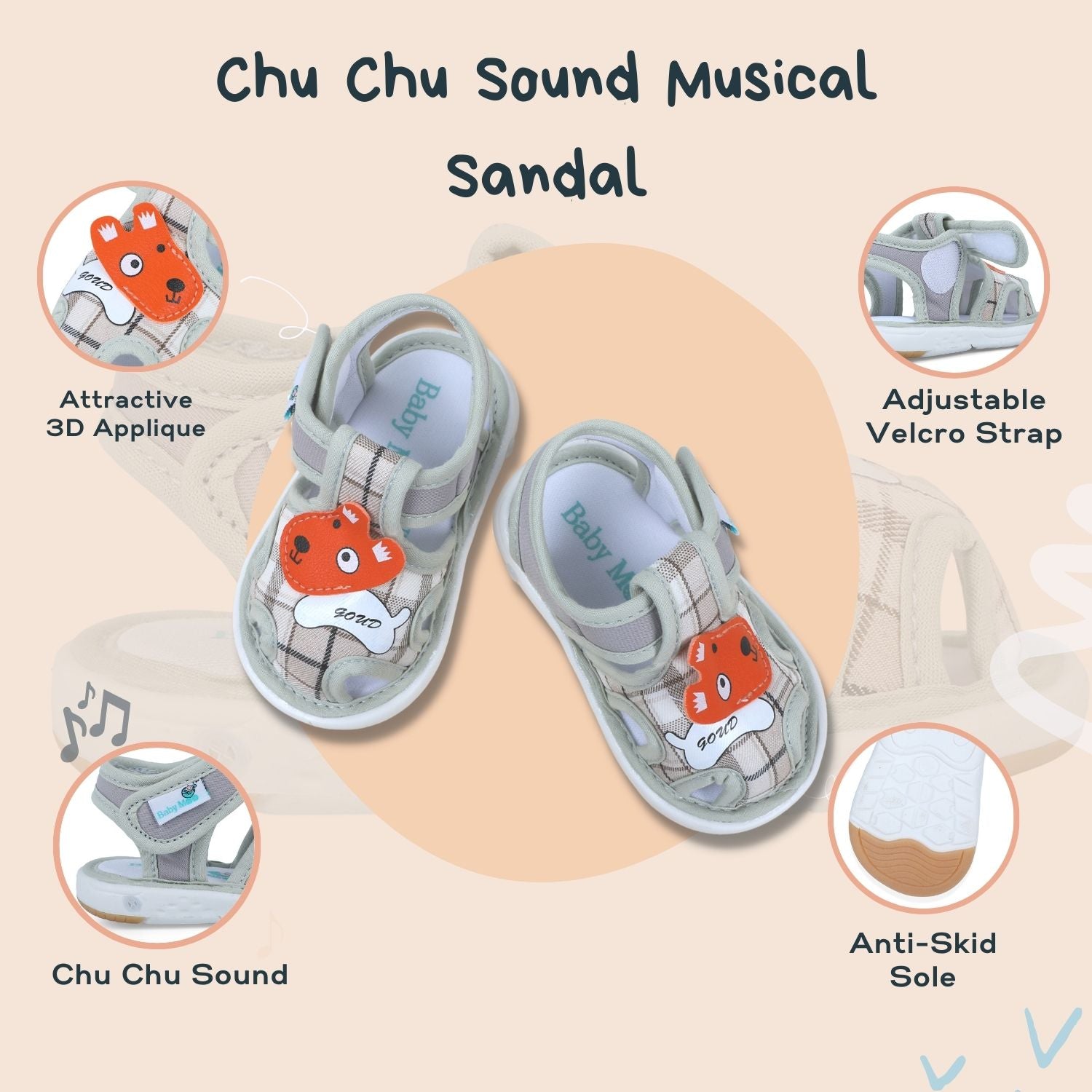 Baby Moo Cute Puppy Checked Chu-Chu Sound Breathable Anti-Skid Sandals - Multicolour