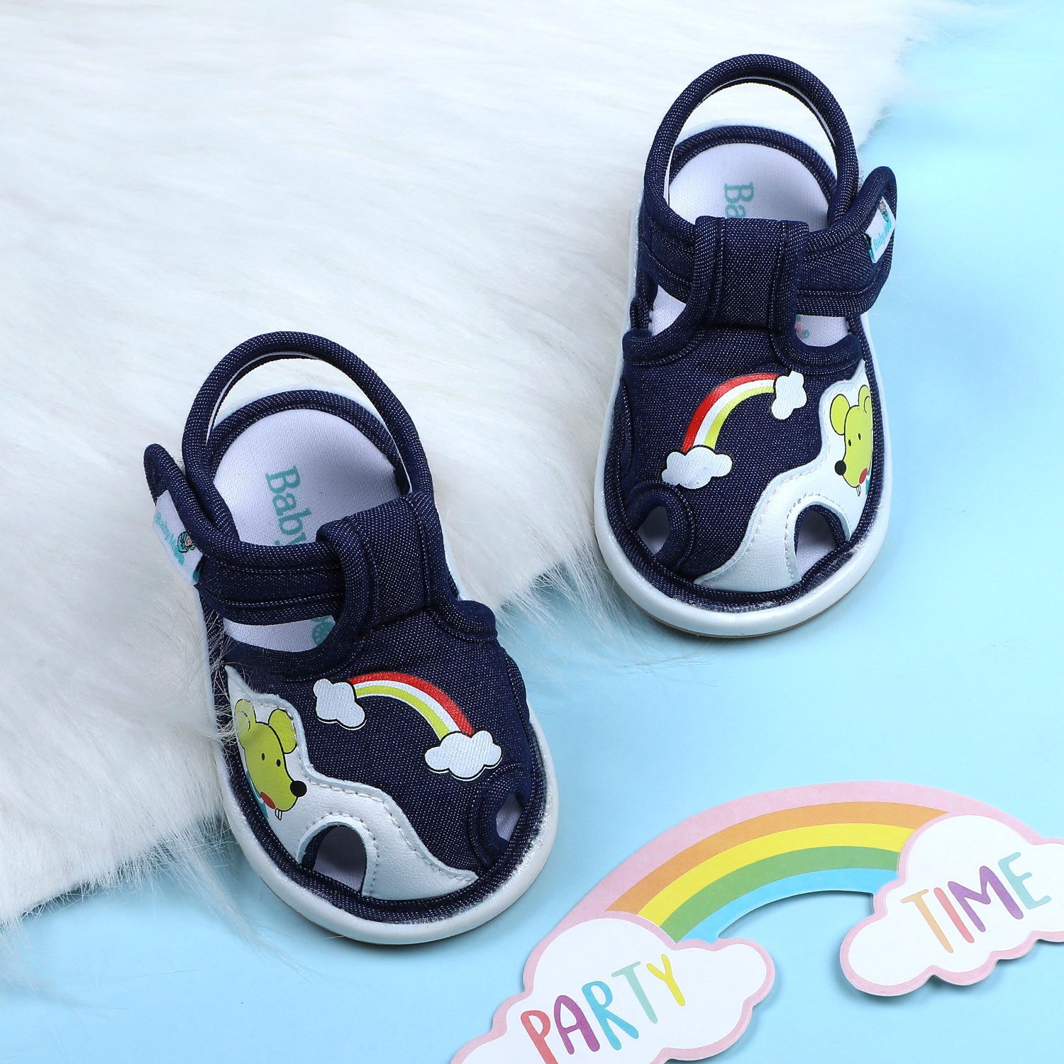 Baby Moo Rainbow Chu-Chu Sound Anti-Skid Breathable Denim Sandals - Navy Blue - Baby Moo