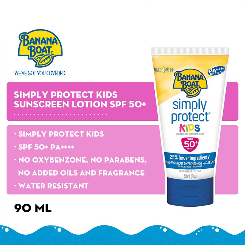 Banana Boat Simply Protect Kids Sunscreen Lotion 100% SPF 50 + Sun Protection Water Resistant 90ml - Baby Moo