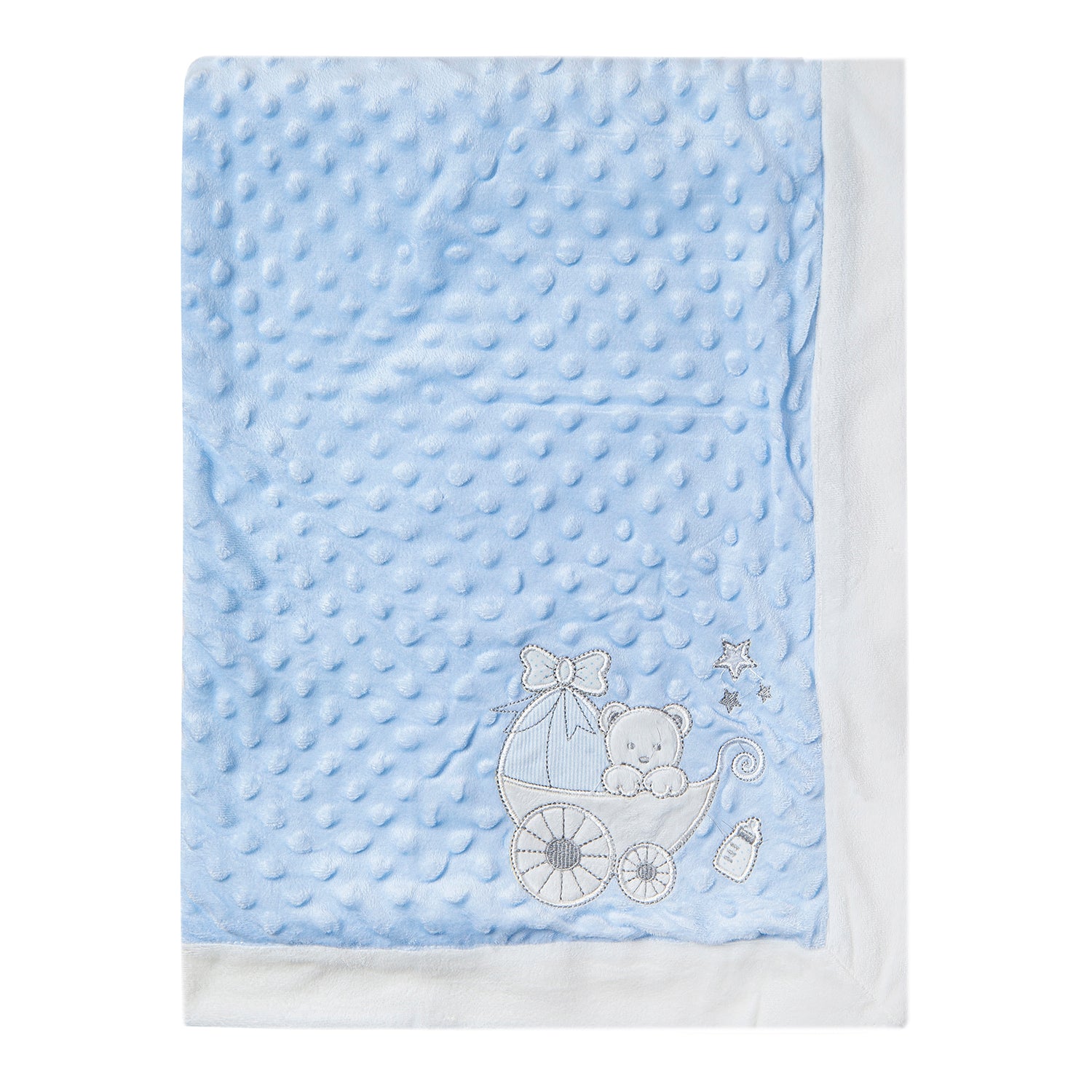 Baby Bear In Pram Soft Reversible Bubble Fur Blanket Blue - Baby Moo