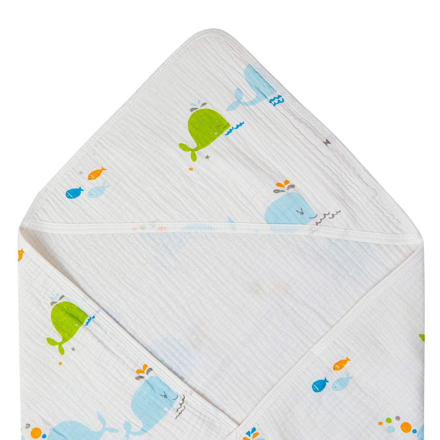 Whales Cotton Hooded Wrapper White