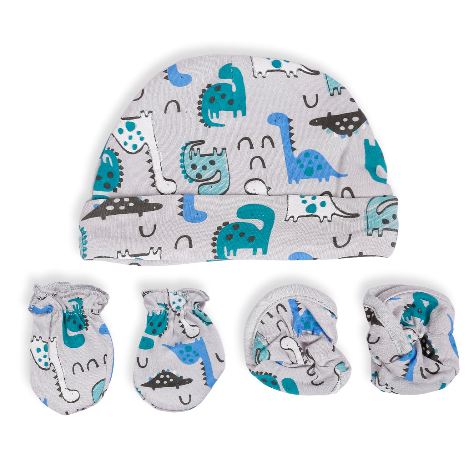 Cap Mittens And Booties Gift Set Dinosaur Blue - Baby Moo