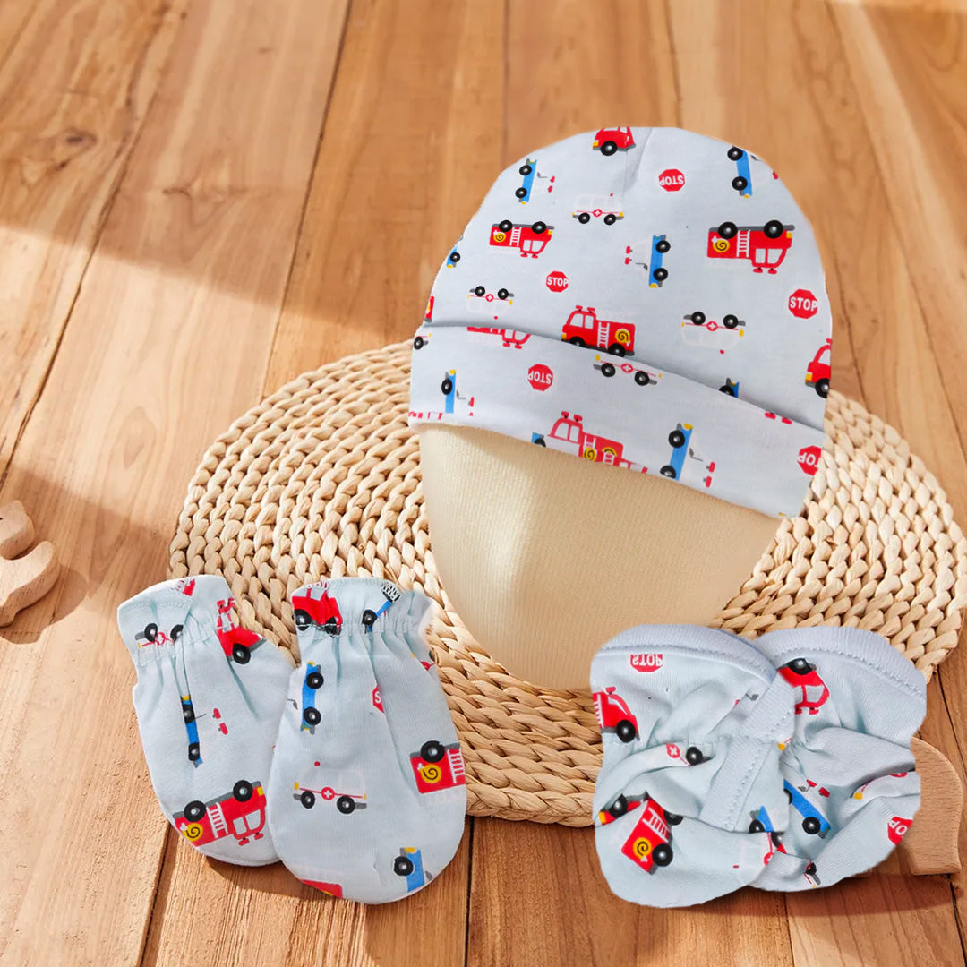 Cap Mittens And Booties Gift Set Vehicle Print Blue - Baby Moo