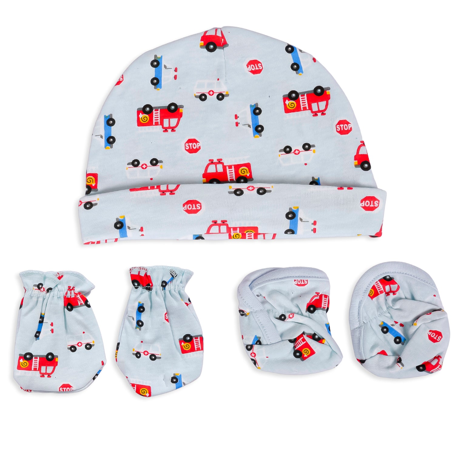Cap Mittens And Booties Gift Set Vehicle Print Blue