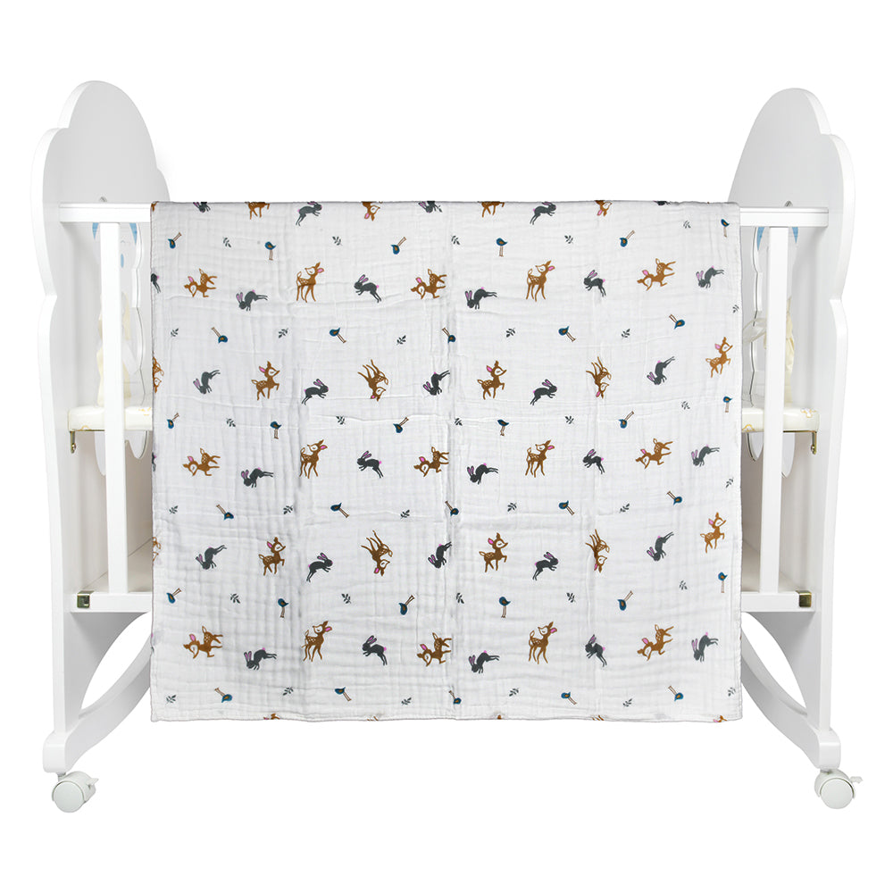 Rabbit White Small Print Muslin Blanket - Baby Moo