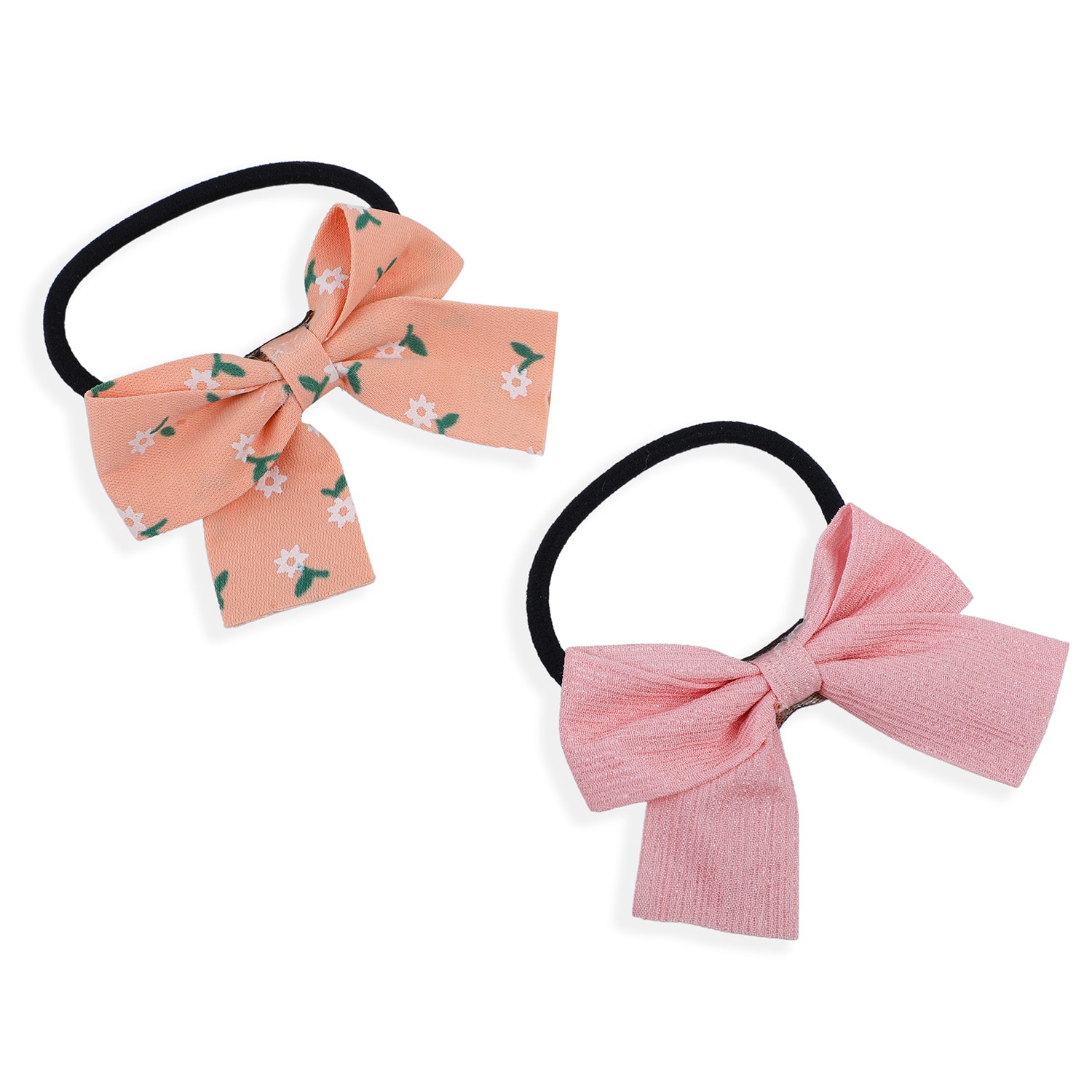 Floral And Solid Rubber Bands Hair Bows 2 Pcs - Peach, Pink - Baby Moo