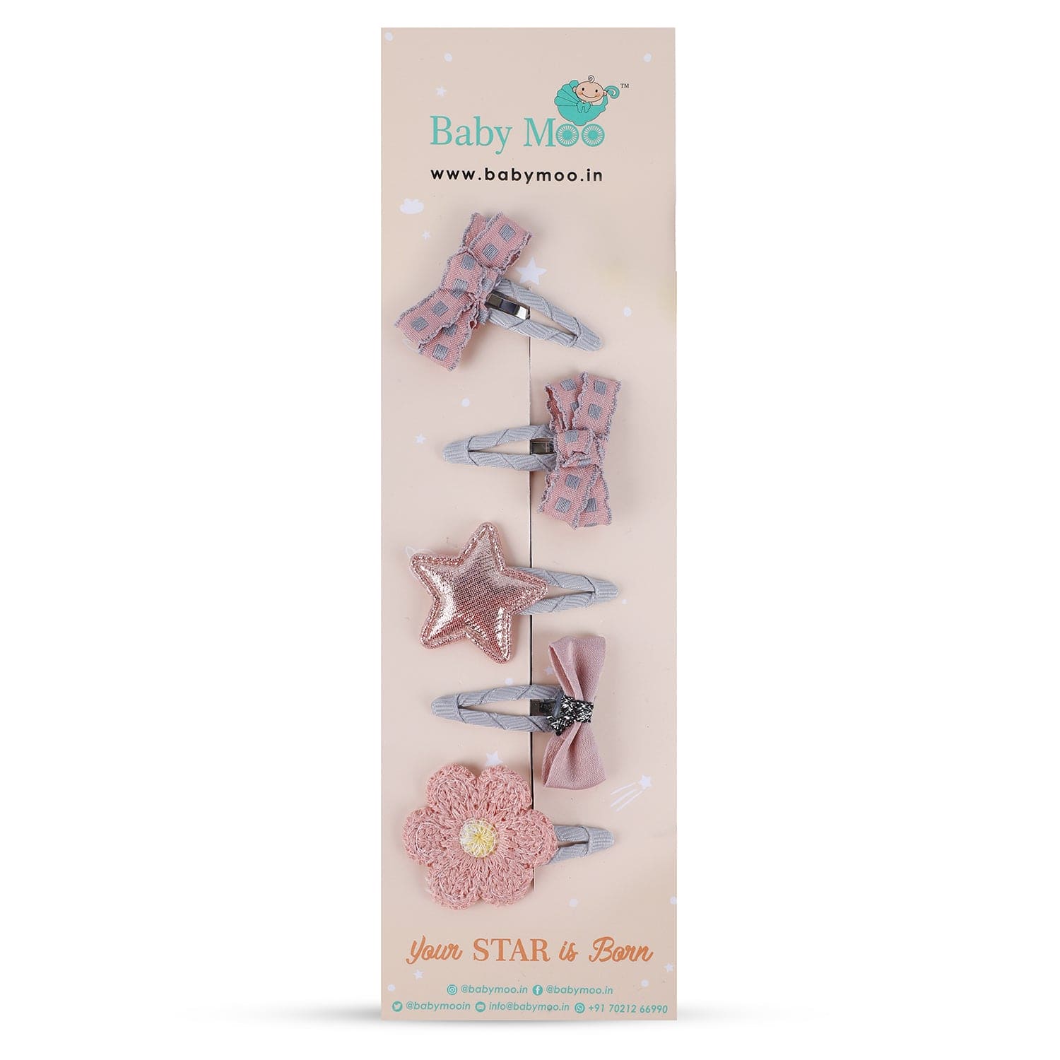 Anthea Flower Hair Clips 5 Pcs - Peach, Grey - Baby Moo