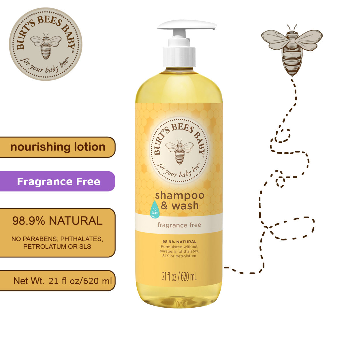 Burts Bees Baby Bee Shampoo & Wash Fragrance Free 620ml Yellow