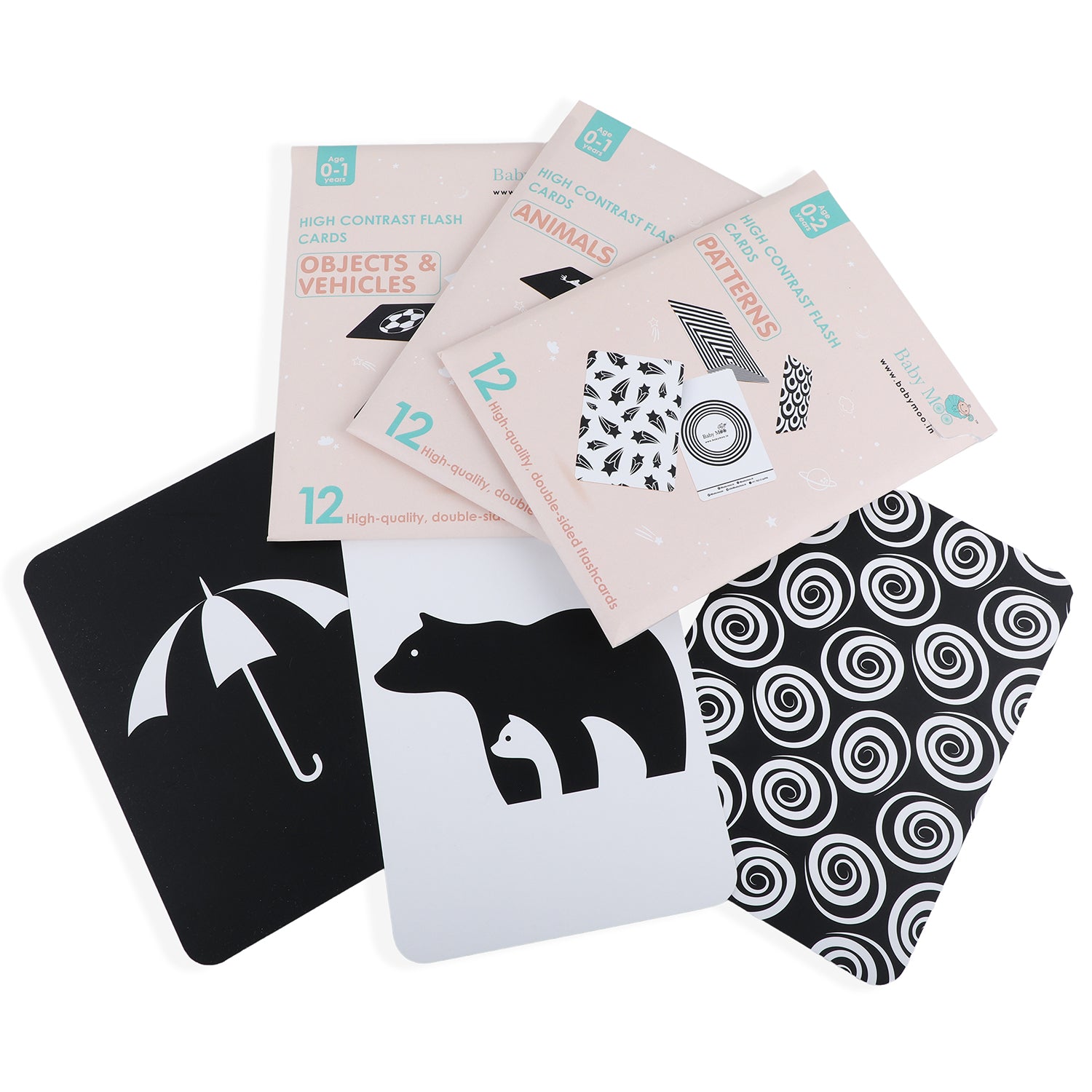 High Contrast Flash Cards 36 Cards - Bundle of Animals And Objects And Vehicles And Patterns - Baby Moo