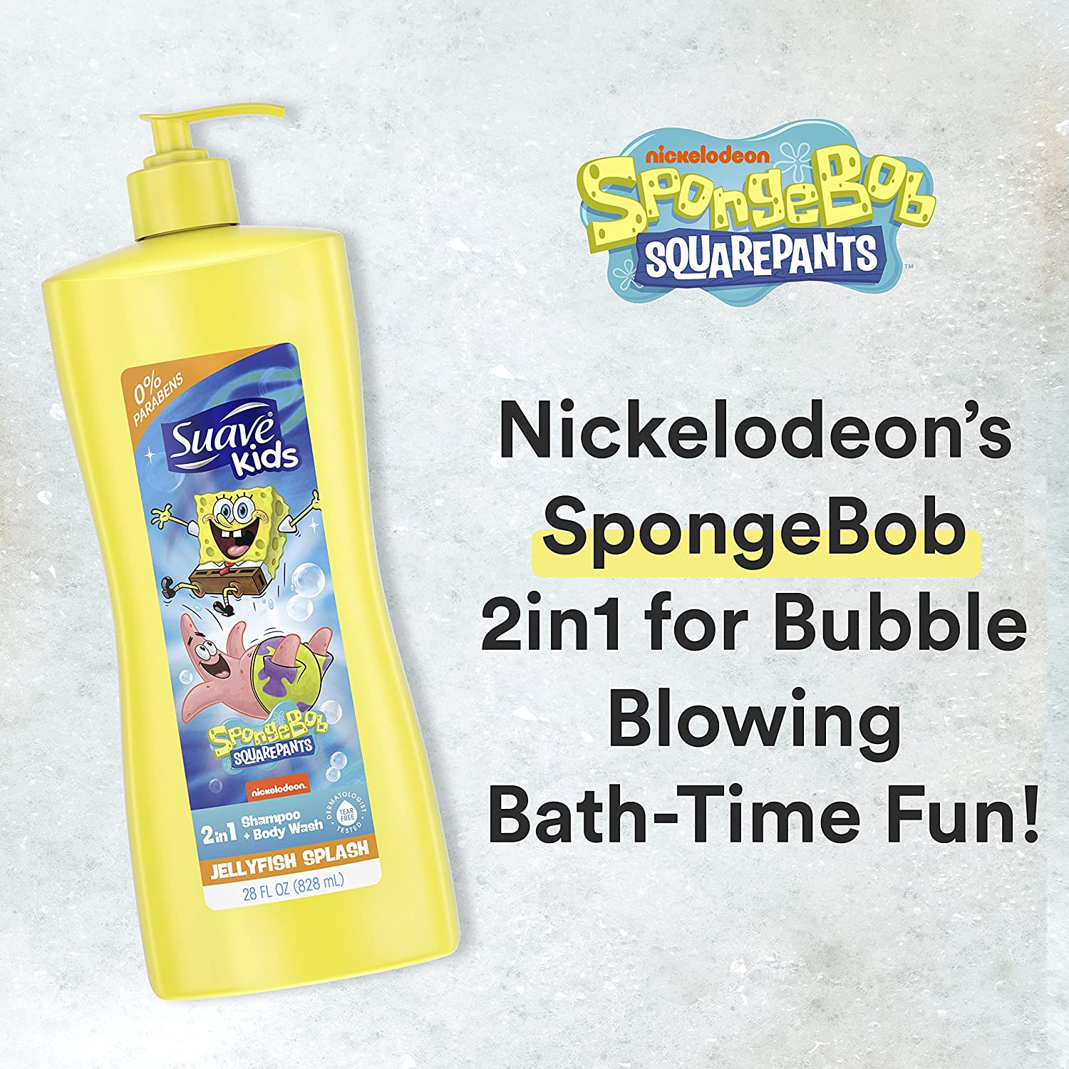 Suave Kids 2in1 Shampoo + Body Wash Spongebob SquarePants Jellyfish Splash 828ml Yellow