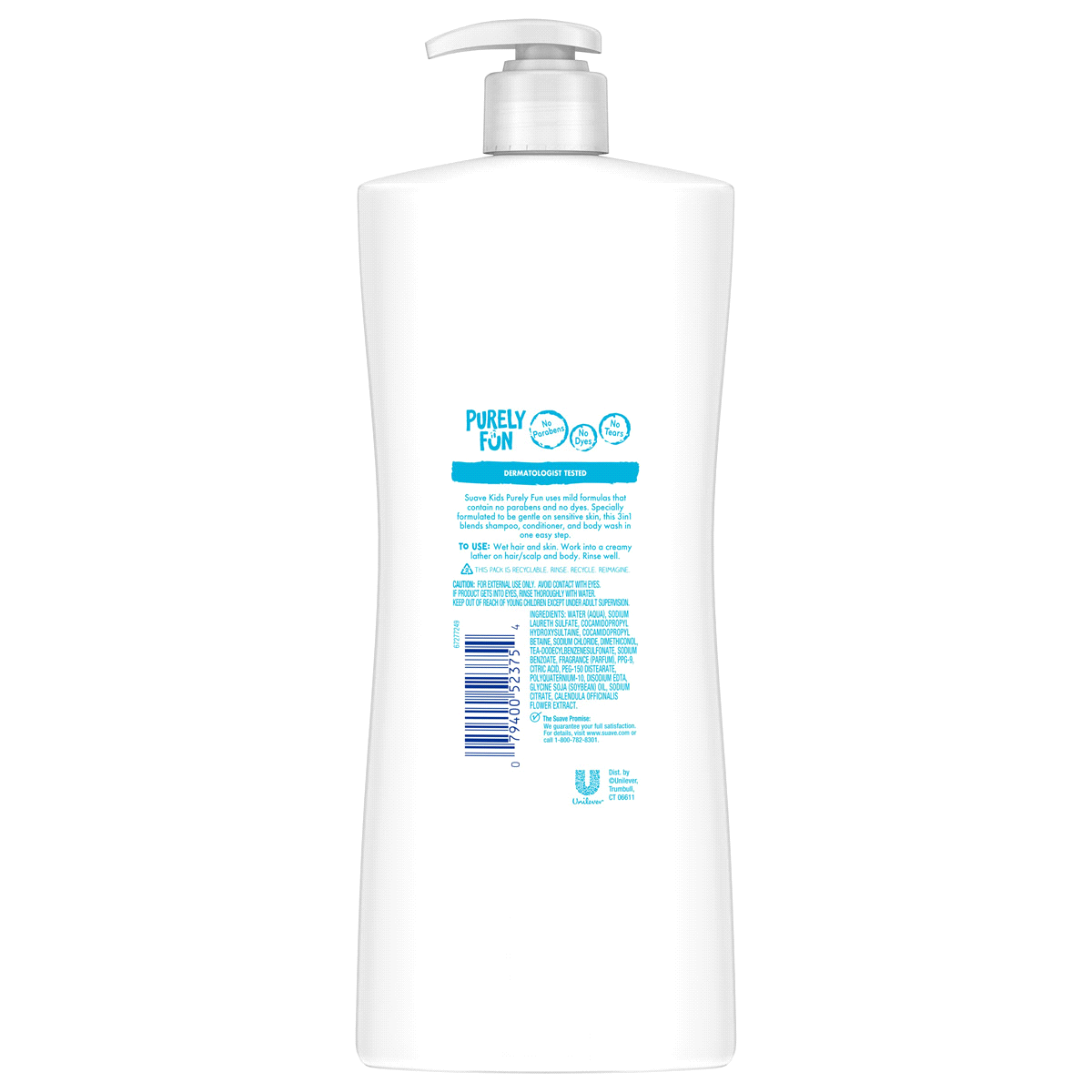 Suave Kids 3in1 Shampoo + Conditioner + Body Wash Purely Fun Sensitive 828ml White