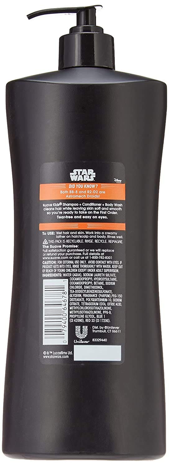 Suave Kids 3in1 Shampoo + Conditioner + Body Wash Star Wars Chewie Wookie Waves 828ml Black - Baby Moo