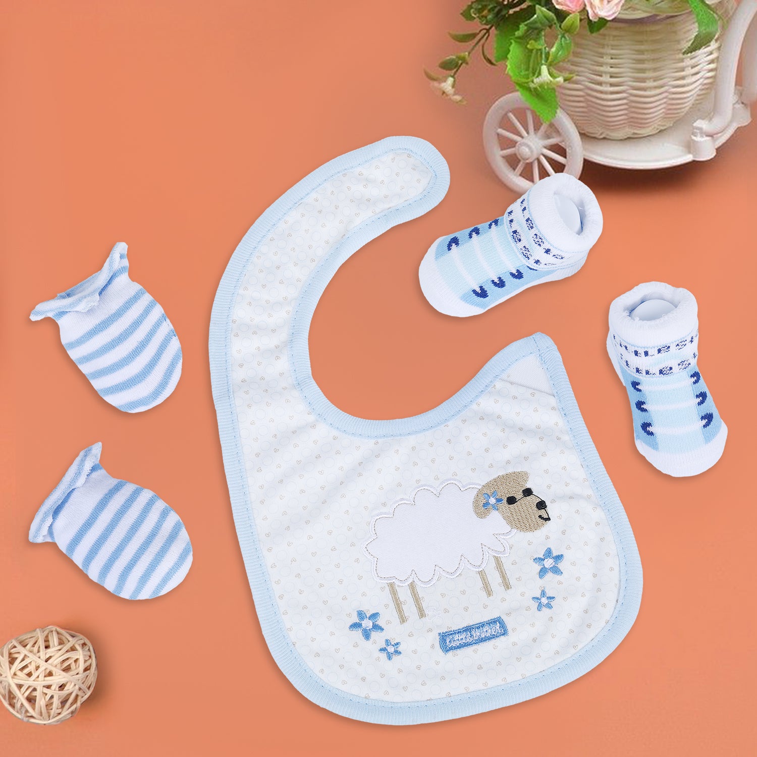 Embroidered Sheep Newborn Feeding Bib Mittens Socks Matching GIft Set Of 3 Bibs & Socks - Multicolour - Baby Moo