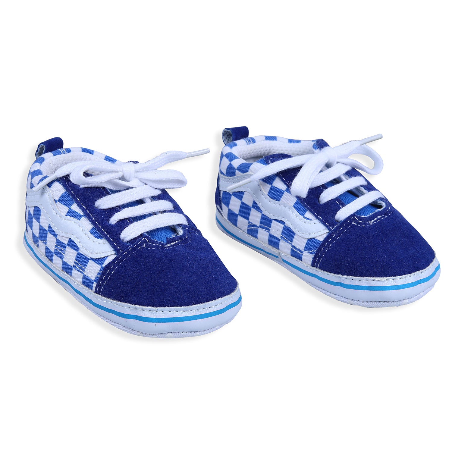 Checkered Lace-Up Casual Soft Sole Anti-Slip Sneaker Booties - Blue - Baby Moo