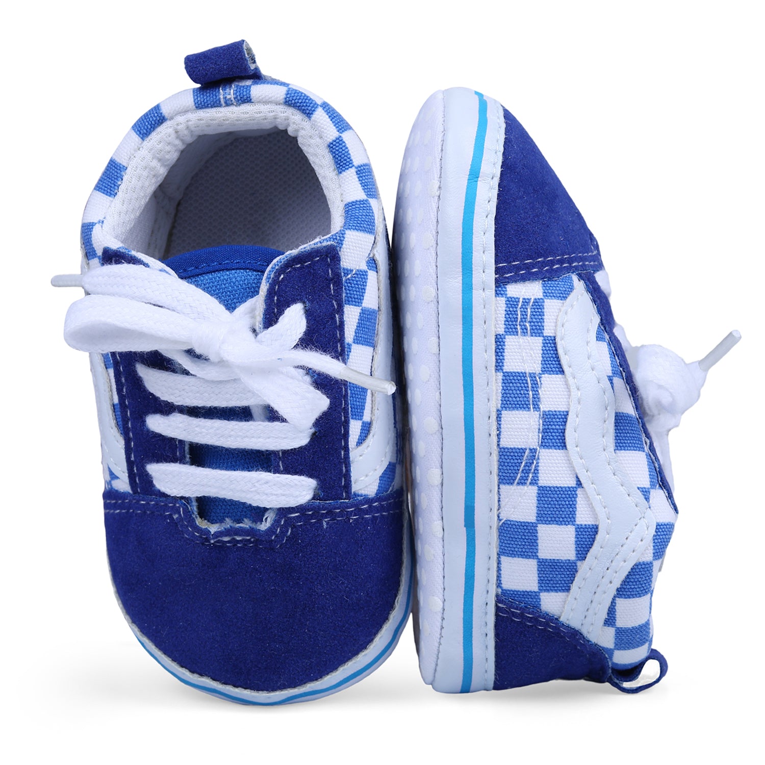 Checkered Lace-Up Casual Soft Sole Anti-Slip Sneaker Booties - Blue - Baby Moo
