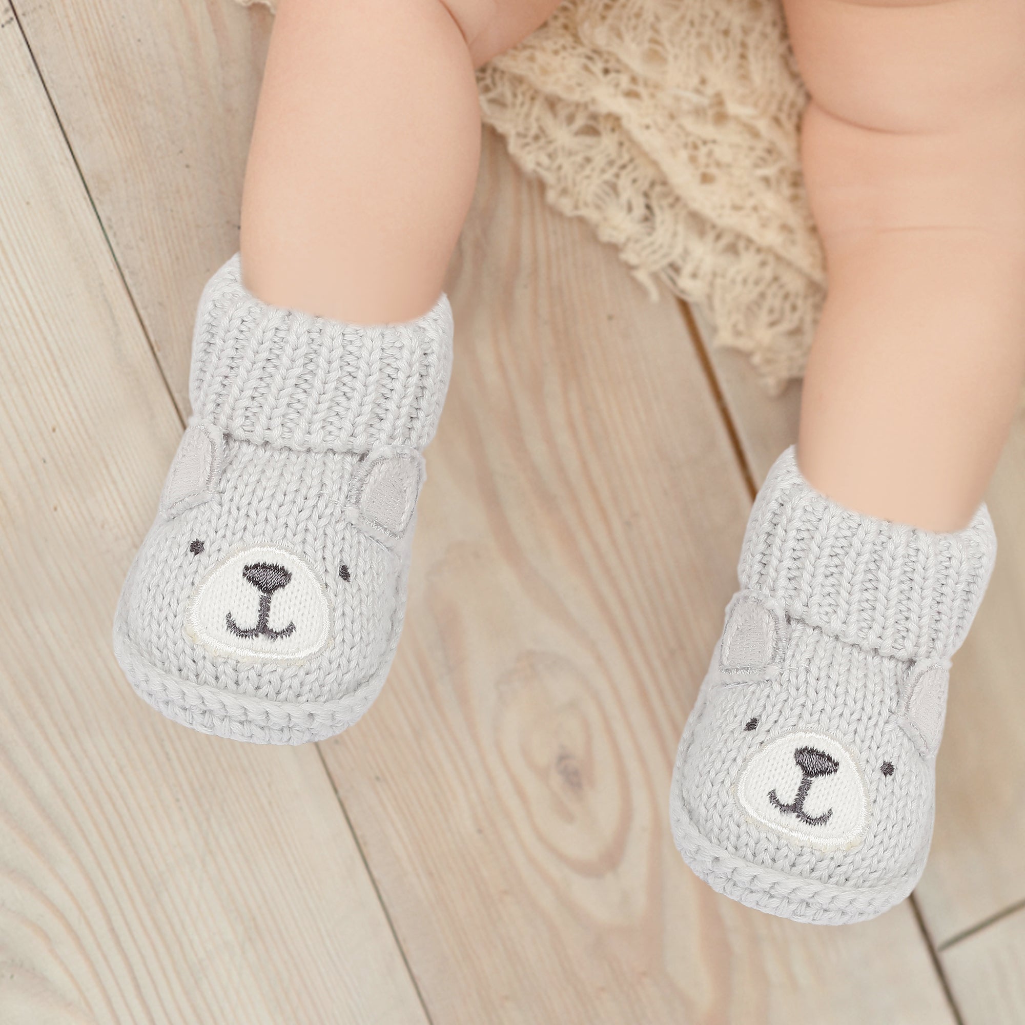 Bear Newborn Crochet Socks Booties - Grey
