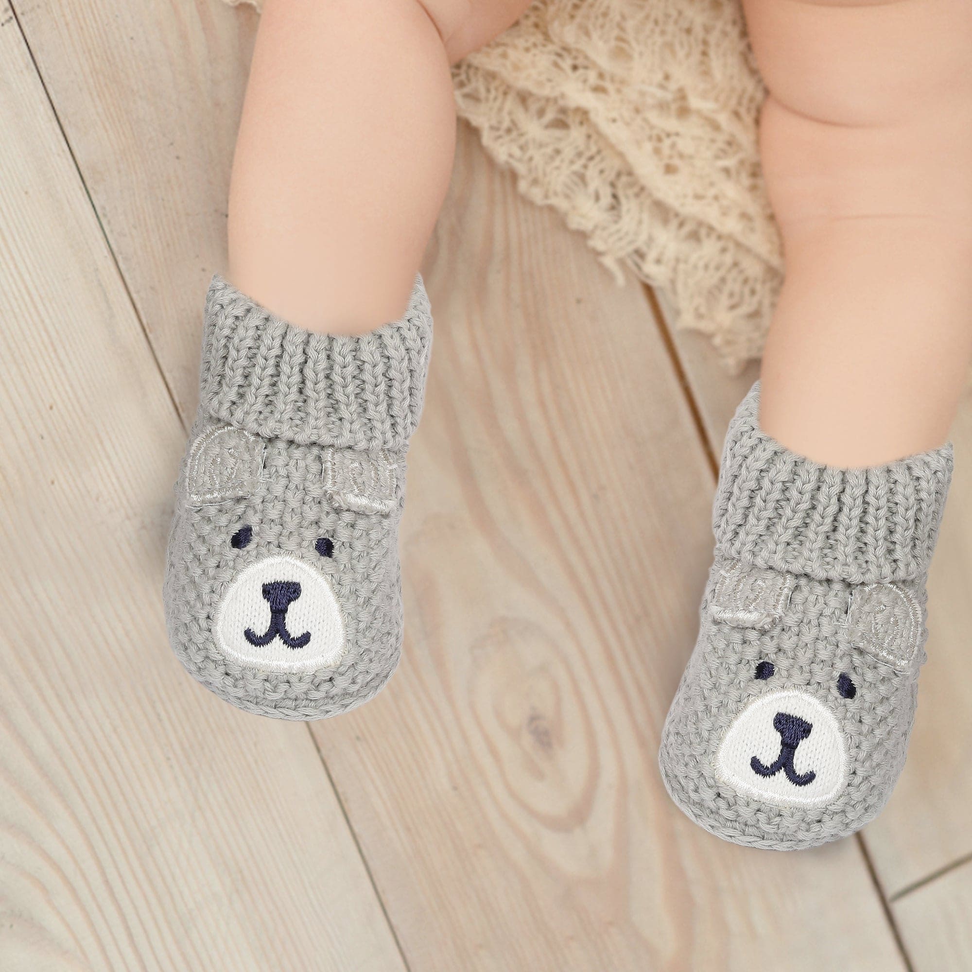 Cute Bear Newborn Crochet Socks Booties - Grey - Baby Moo