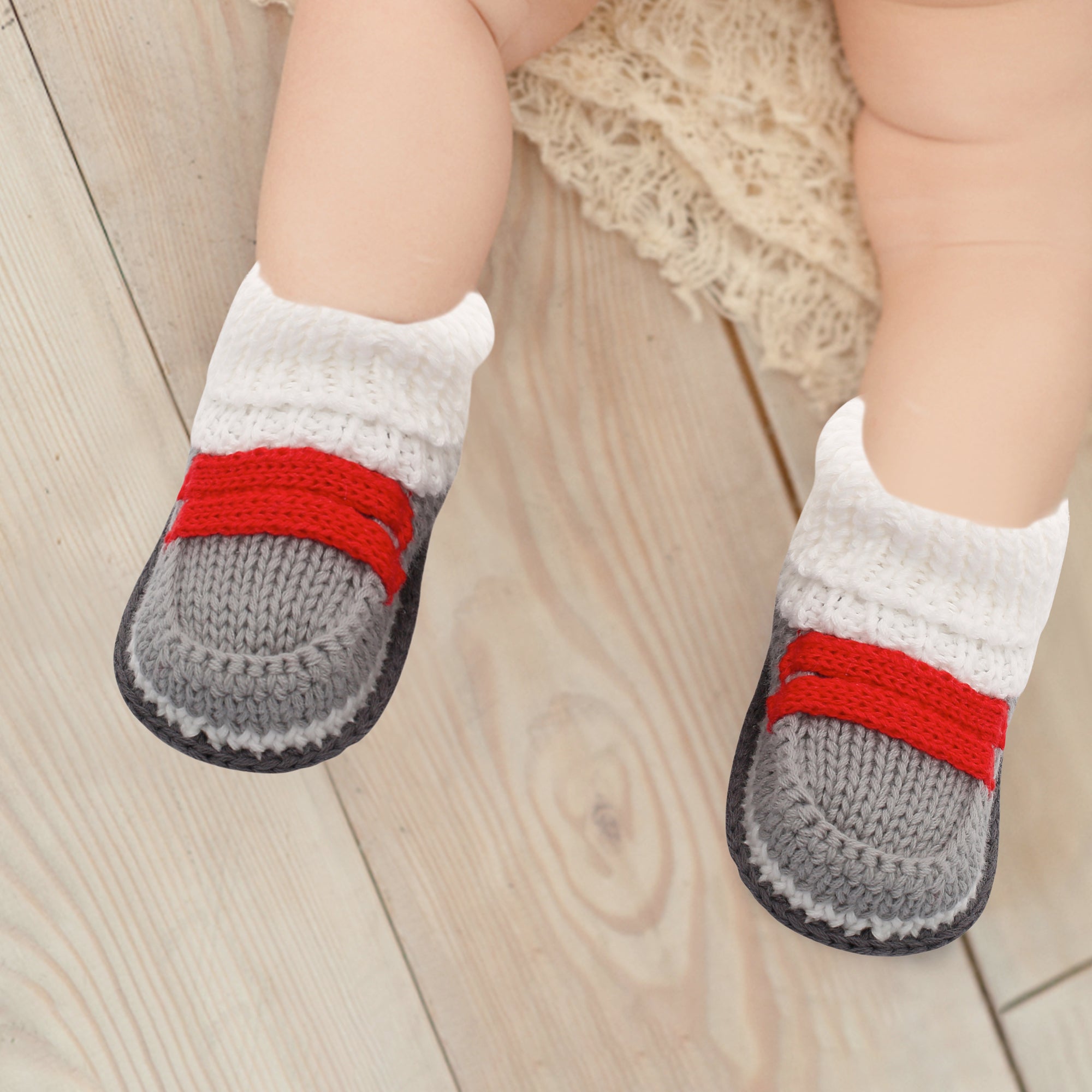 Smart Grey And Red Socks Booties - Baby Moo