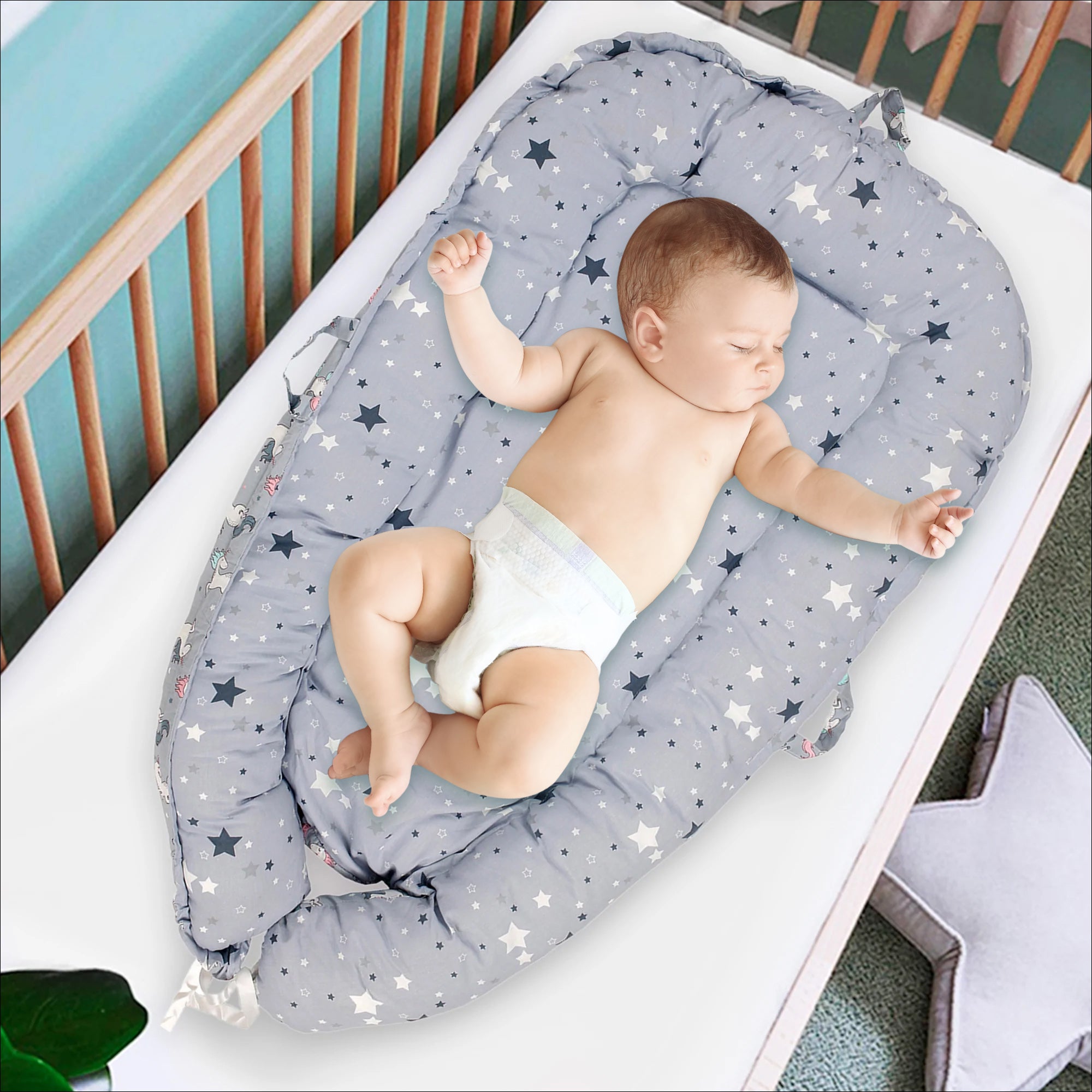 Baby Bed Cum Carry Nest Starry Unicorn Grey - Baby Moo