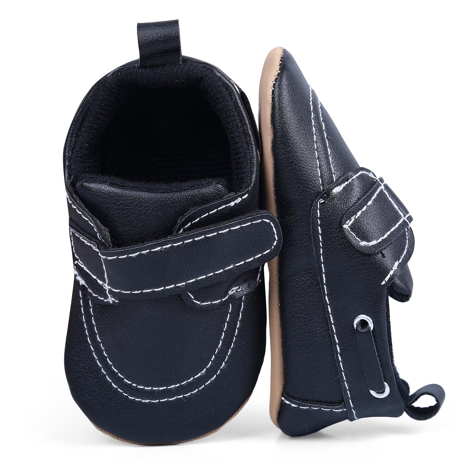 Solid Hookloop Stylish Leather Velcro Shoes - Black - Baby Moo