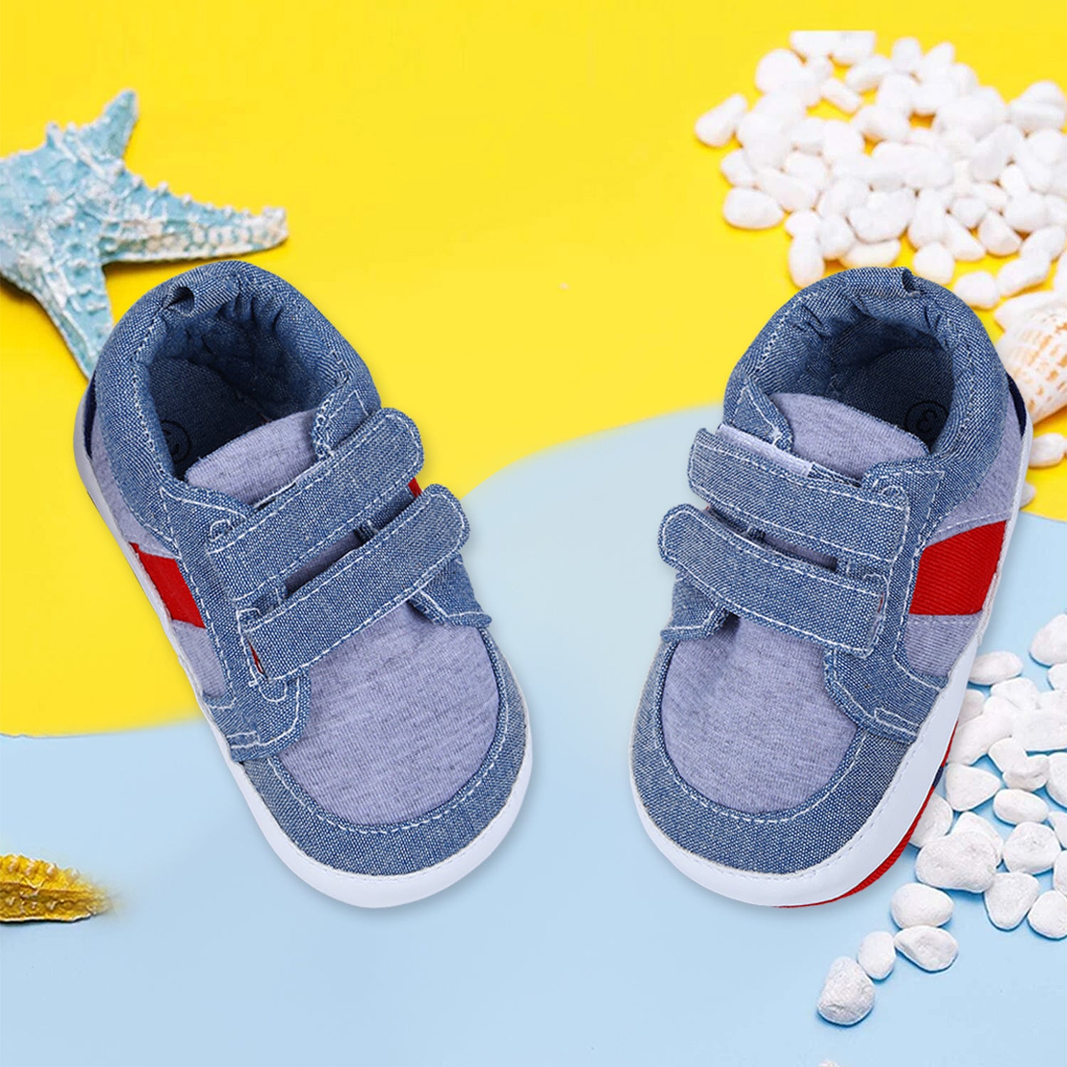 Colour Blocked Cute And Casual Denim Velcro Booties - Blue And Red