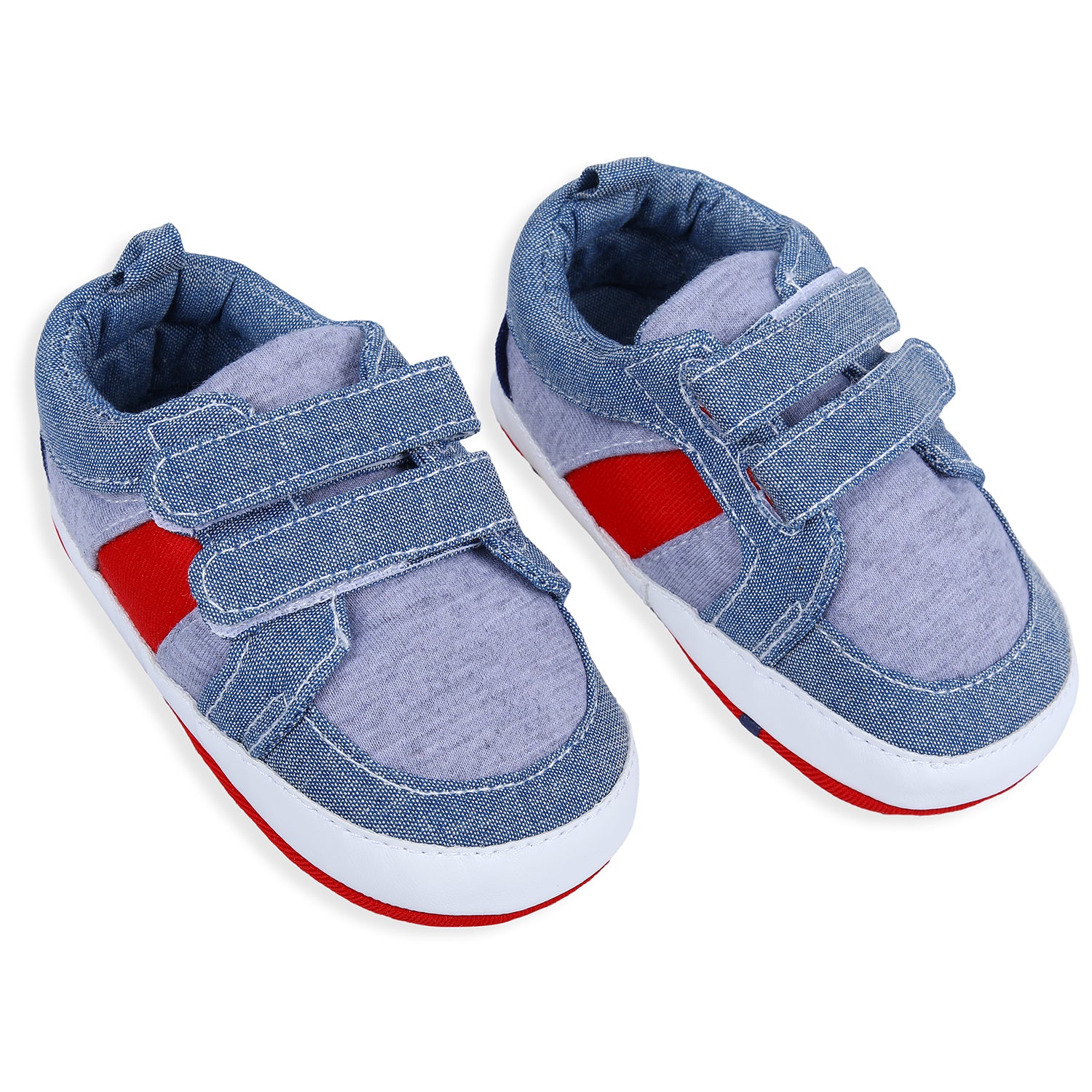 Colour Blocked Cute And Casual Denim Velcro Booties - Blue And Red - Baby Moo