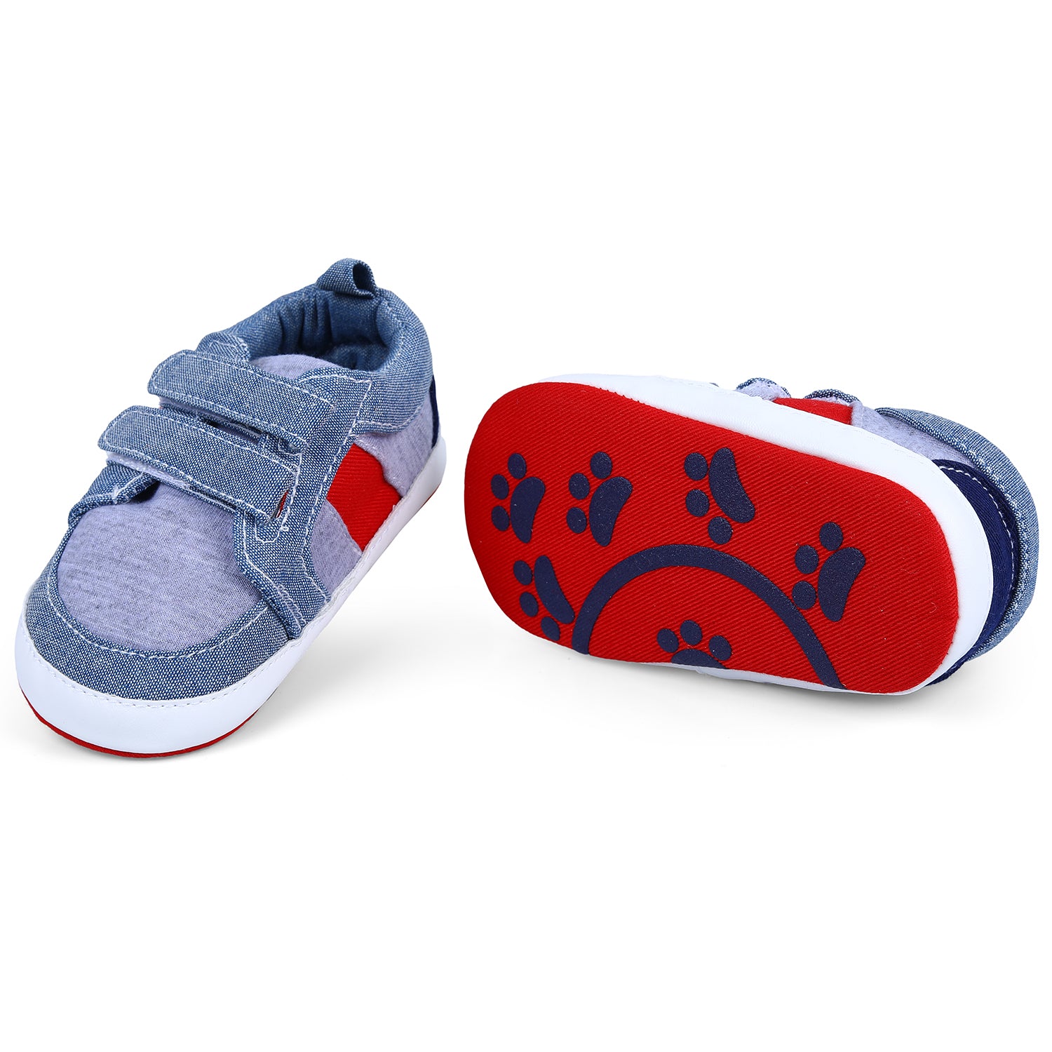 Colour Blocked Cute And Casual Denim Velcro Booties - Blue And Red - Baby Moo