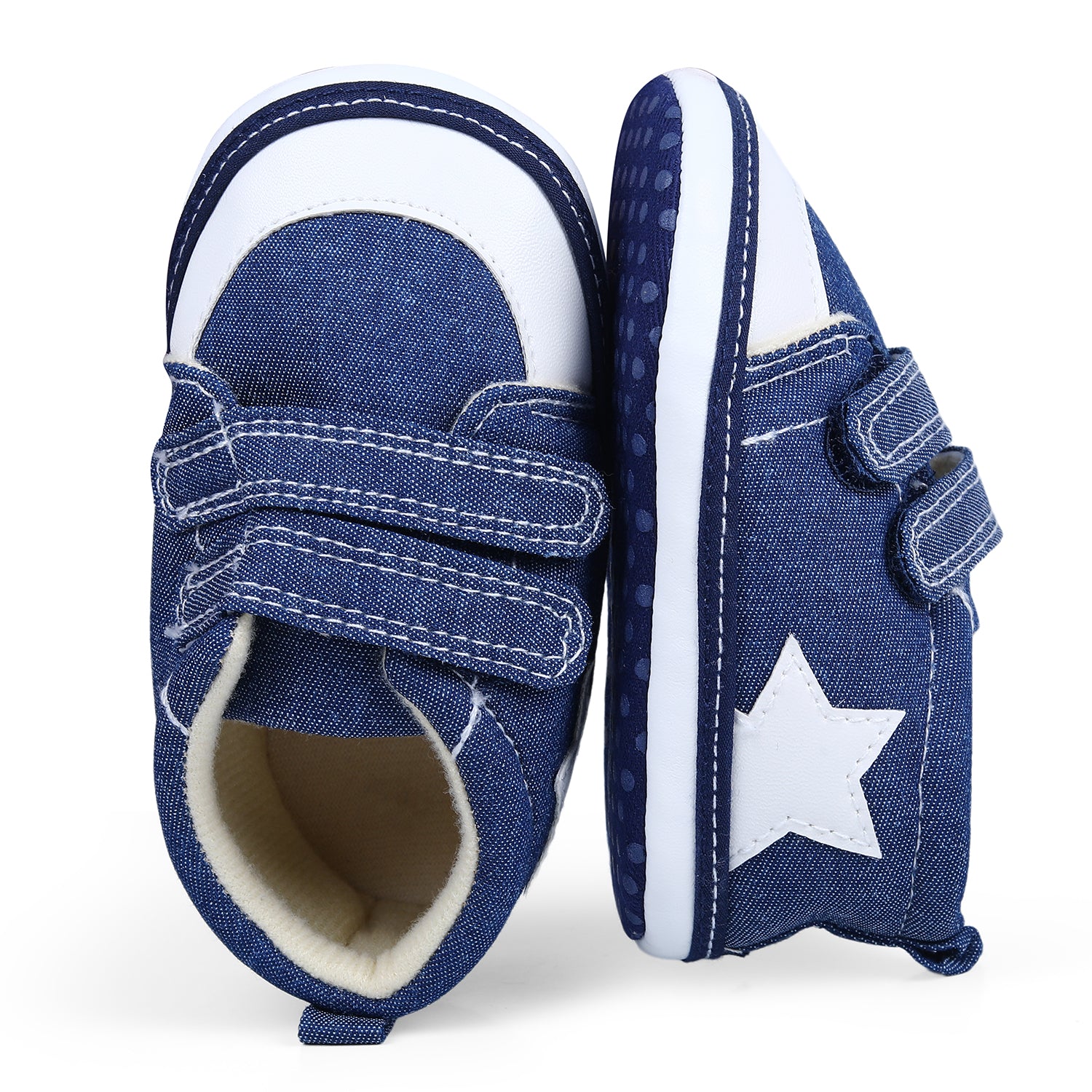 Colour Blocked Hookloop Stylish And Casual Denim Velcro Booties - Blue - Baby Moo