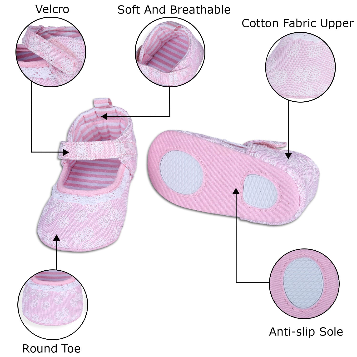 Textured Hookloop Premium Girls Anti-Slip Ballerina Shoes - Pink - Baby Moo