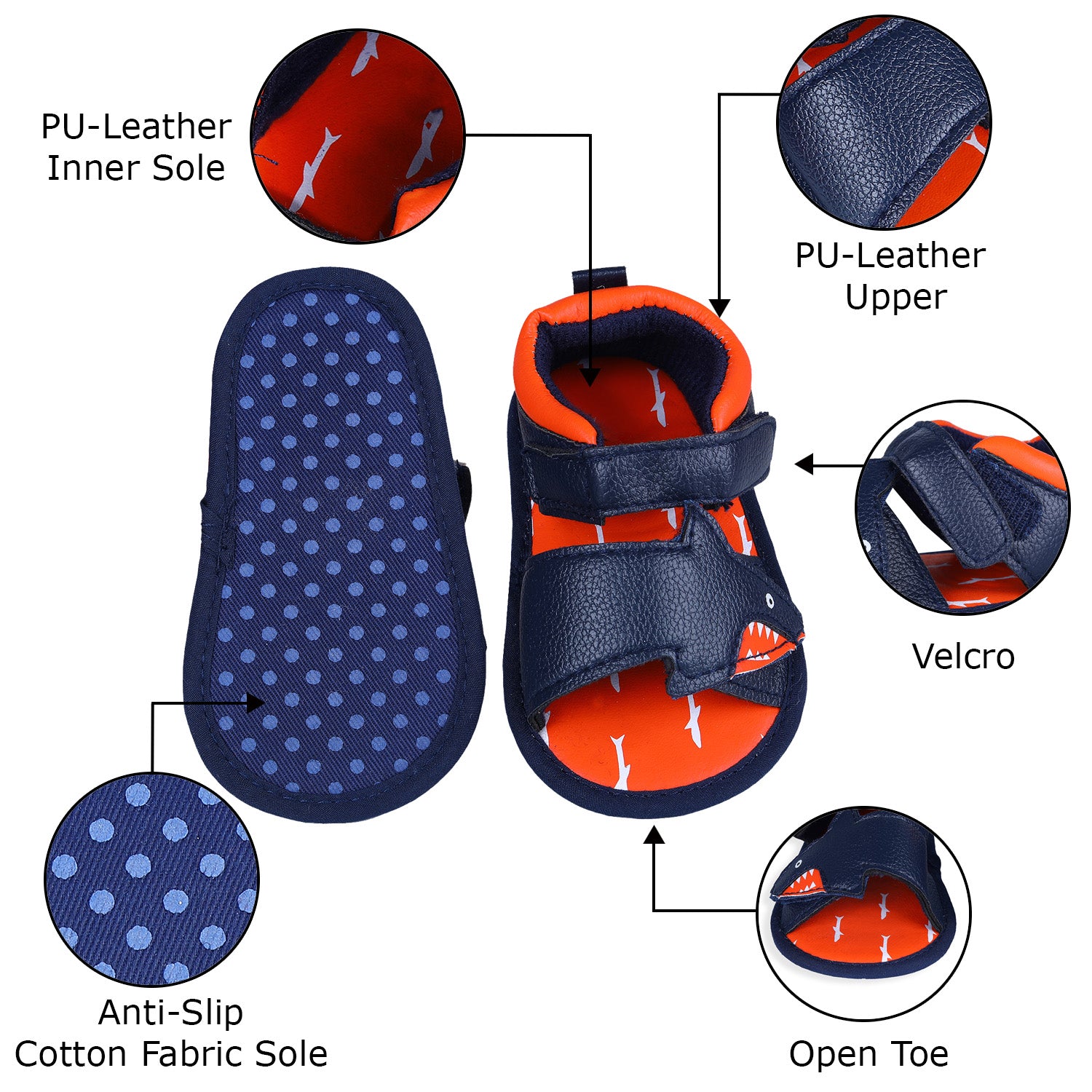 Shark Anti-Slip PU Leather Sole Sandals - Blue And Orange - Baby Moo