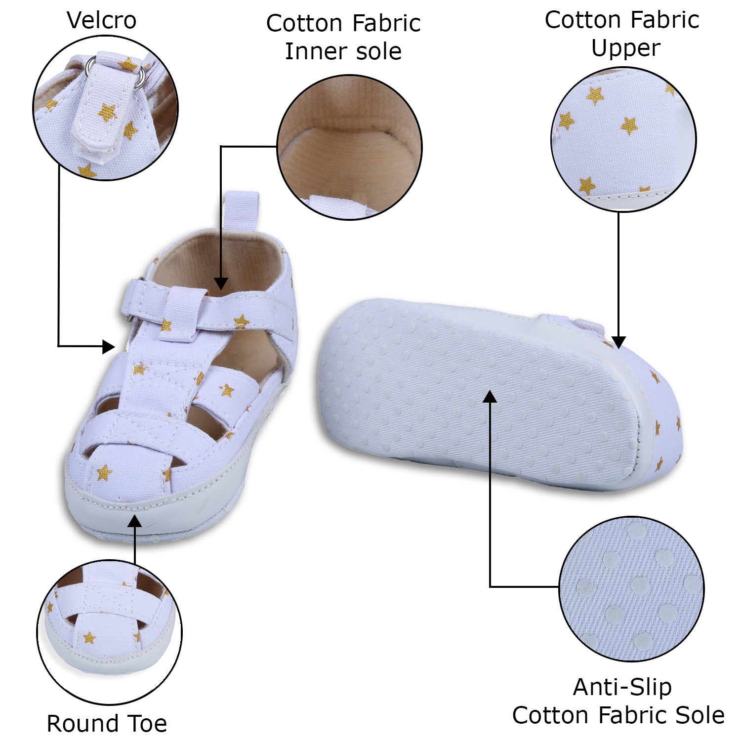 Star Premium Anti-Slip Velcro Hook-Loop Sandal Booties - White - Baby Moo