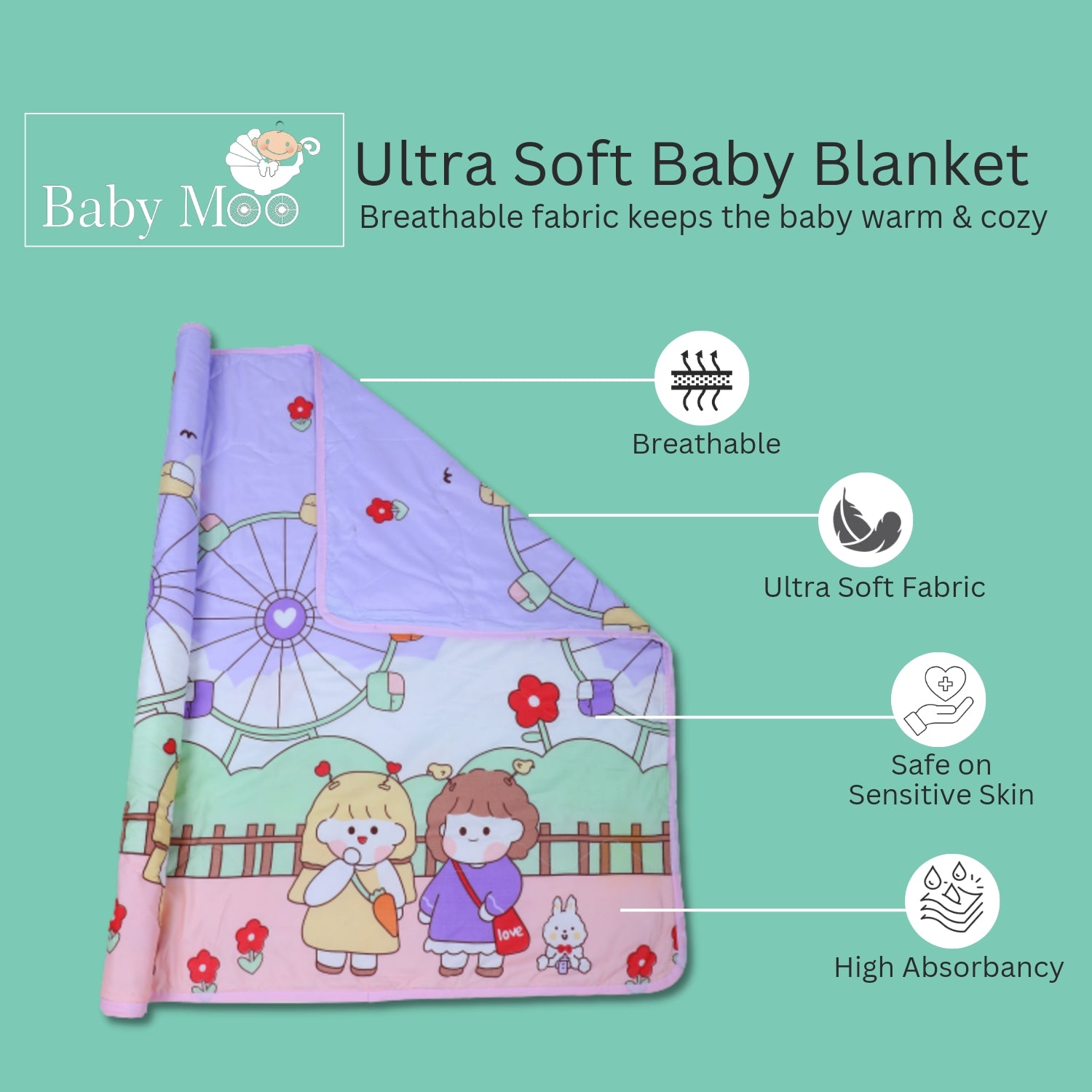 Baby Moo Ferris Wheel Soft Quilted Premium Reversible Blanket - Multicolour - Baby Moo
