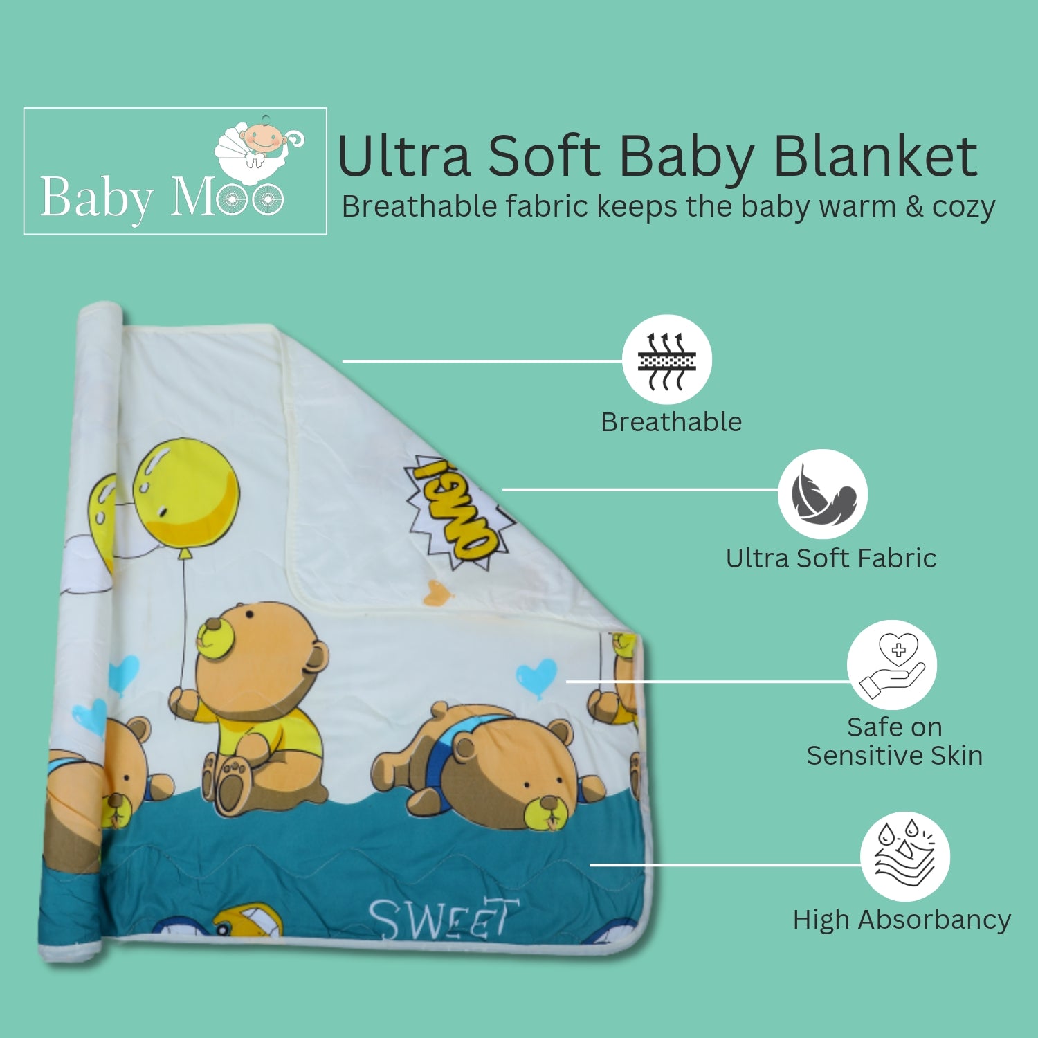Baby Moo Bear Party Soft Quilted Premium Reversible Blanket - White - Baby Moo
