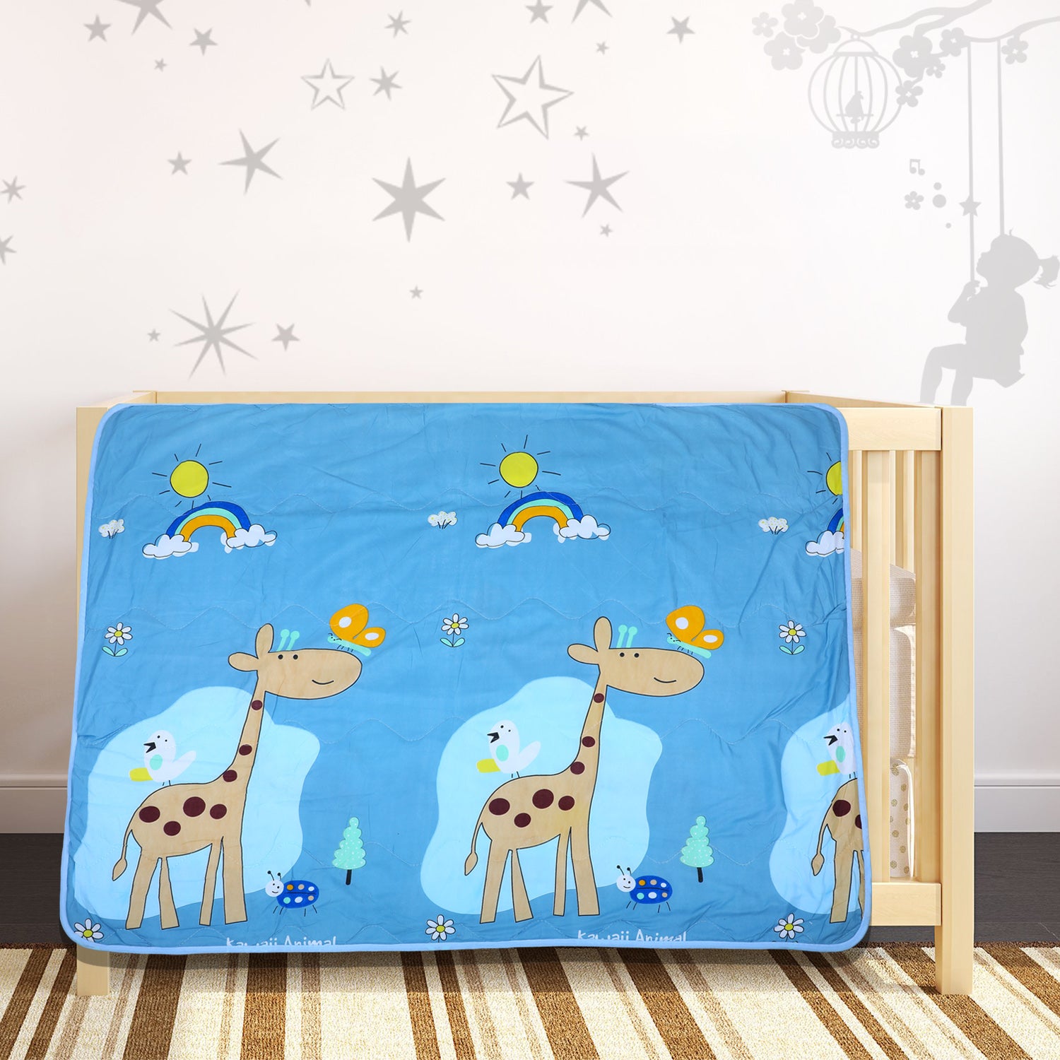 Baby Moo Sunny Day With Giraffe Soft Quilted Premium Reversible Blanket - Blue - Baby Moo