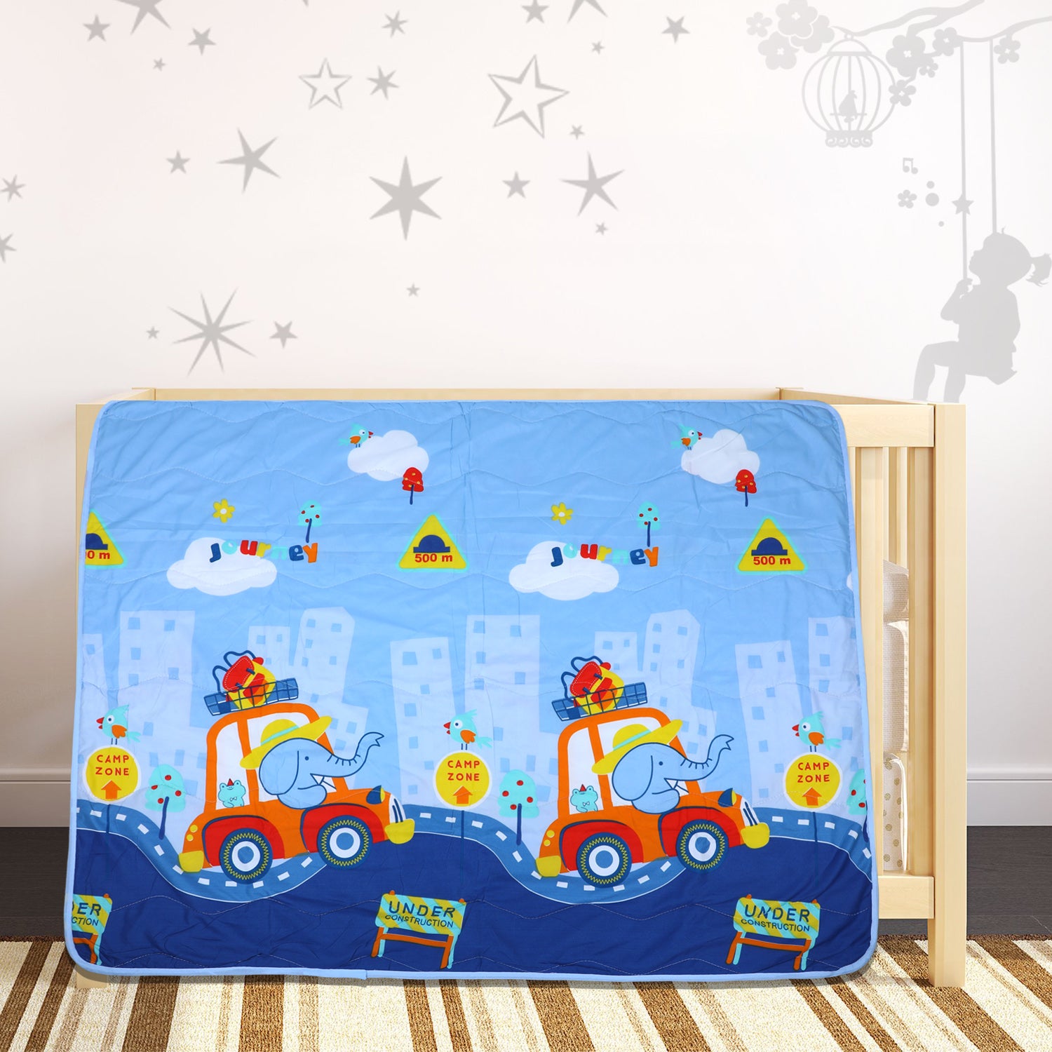 Baby Moo Elephant Road Trip Soft Quilted Premium Reversible Blanket - Blue - Baby Moo