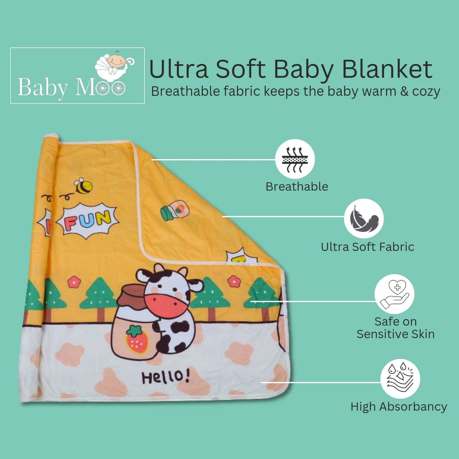 Baby Moo Cuddly Cow Soft Quilted Premium Reversible Blanket - Yellow - Baby Moo