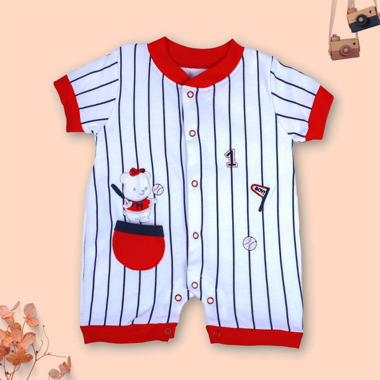 Baby Moo Sporty Teddy Striped Soft Cotton Short Romper - Red - Baby Moo