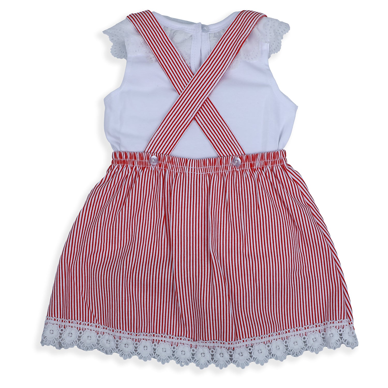 Baby Moo Striped Suspenders Skirt With Lace And Solid Top 2pcs Set - Red - Baby Moo