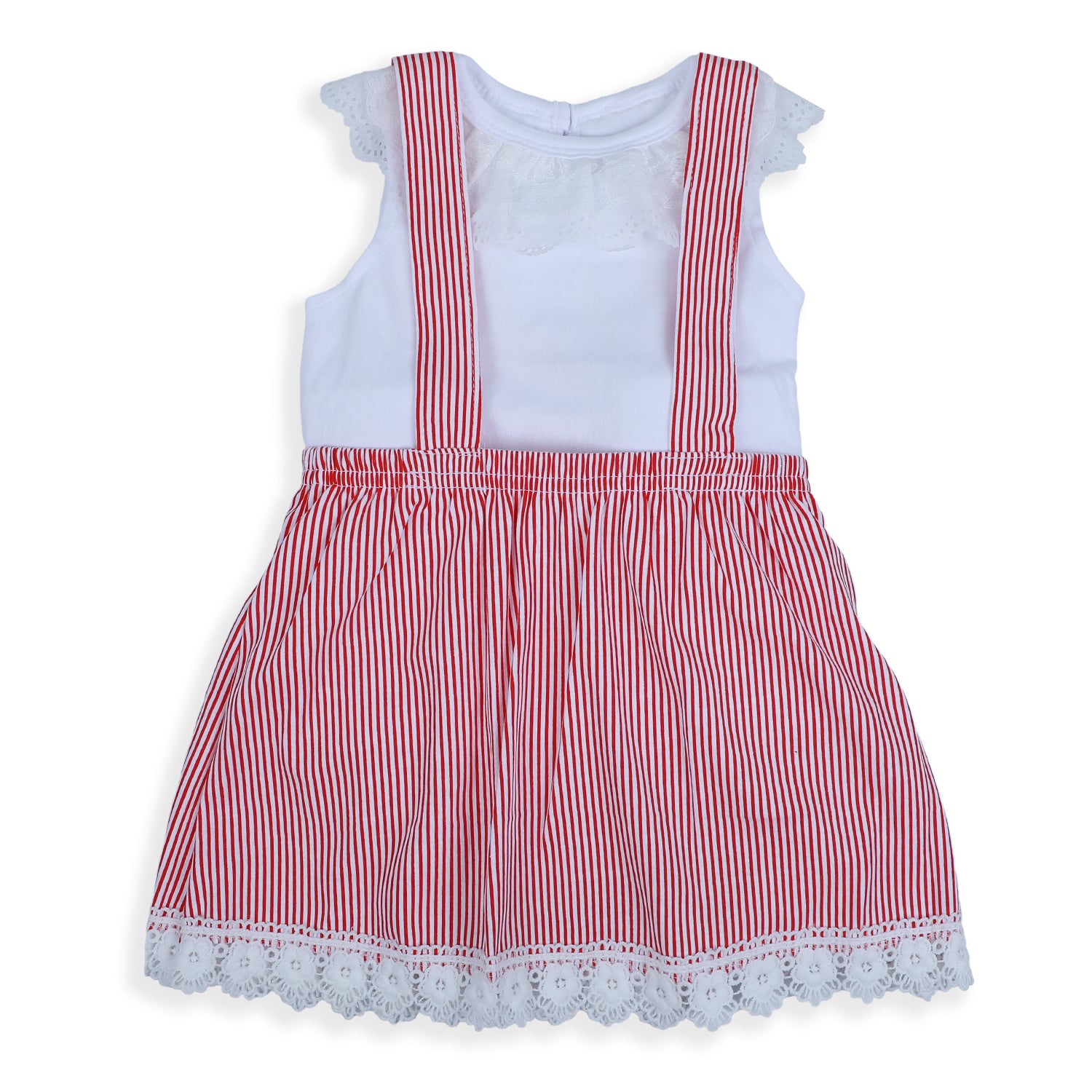 Baby Moo Striped Suspenders Skirt With Lace And Solid Top 2pcs Set - Red - Baby Moo