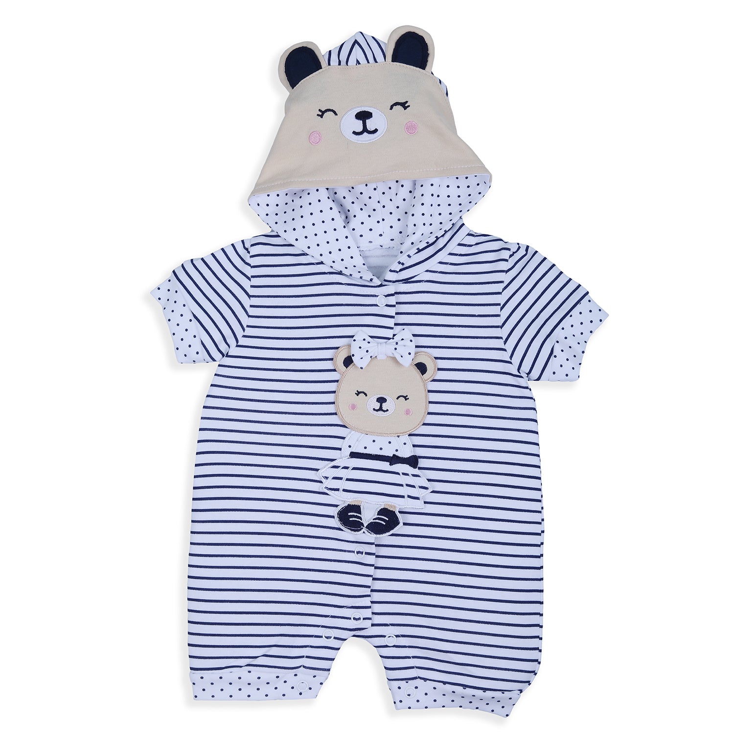 Baby Moo Striped Blushing Bear Hooded Short Romper - Grey - Baby Moo