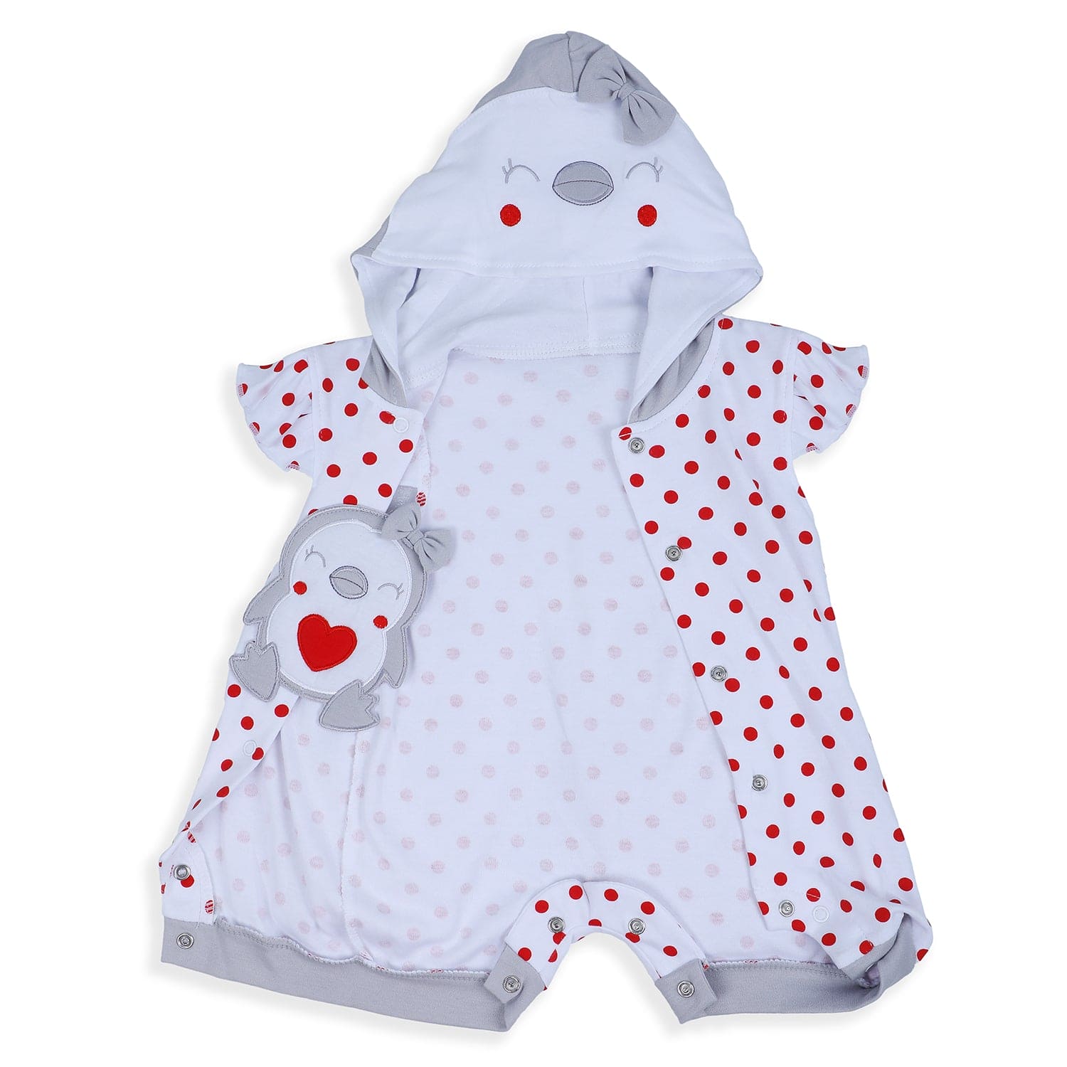 Baby Moo Little Penguin Embroidered Soft Cotton Girls Hooded Short Romper - Red - Baby Moo