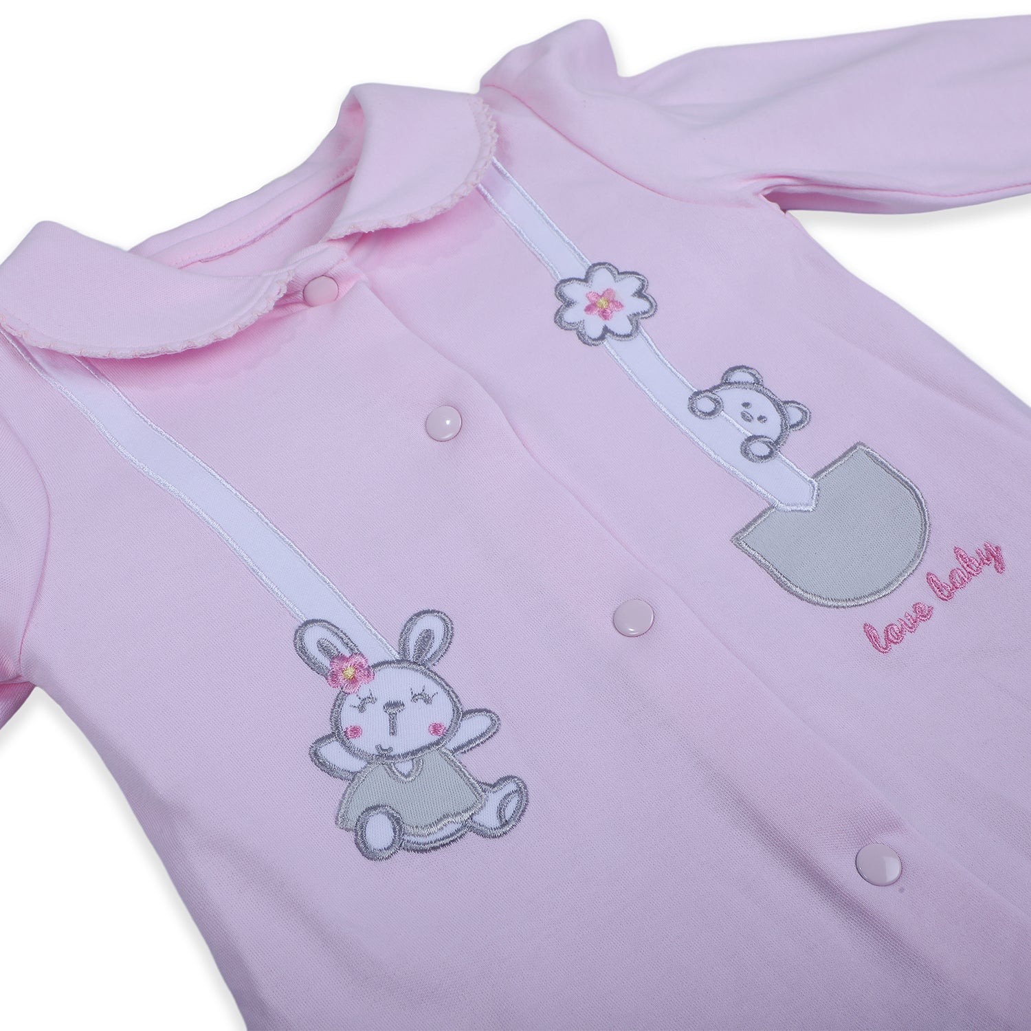 Baby Moo Jumping Bunny Embroidered Long Sleeve 2pcs Casual Baby Suit - Pink
