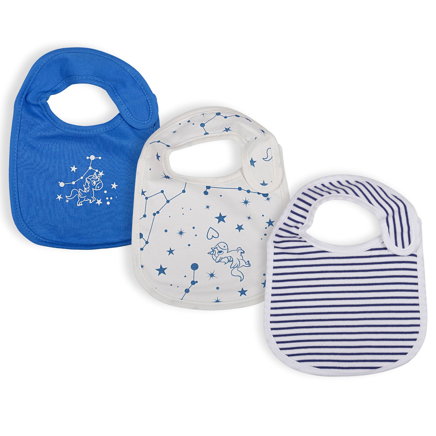 Feeding Bibs Pack Of 3 Unicorns And Constellations Blue And White - Baby Moo