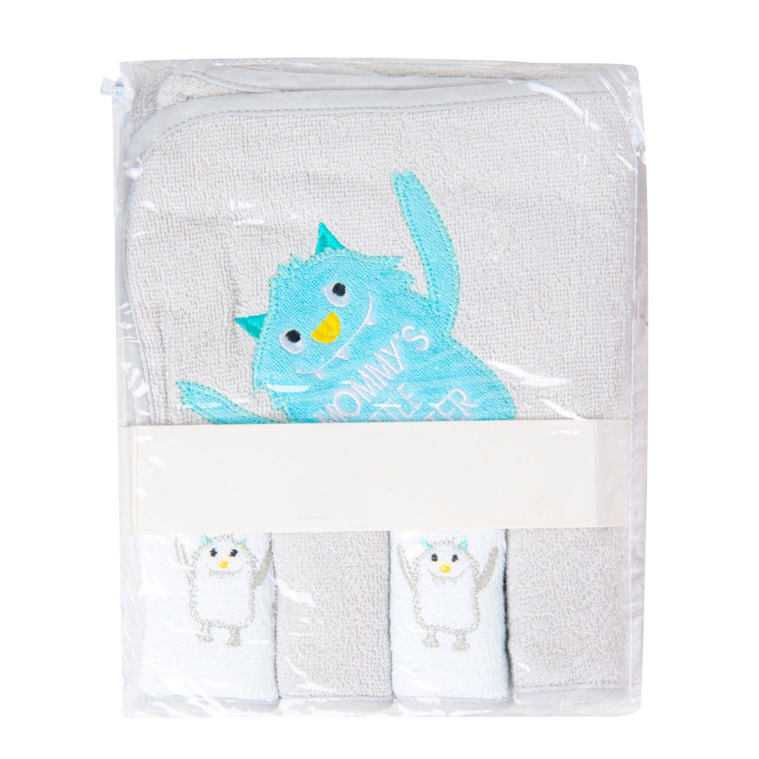 Hooded Towel And 4 Wash Cloth Gift Set Little Monster Grey - Baby Moo